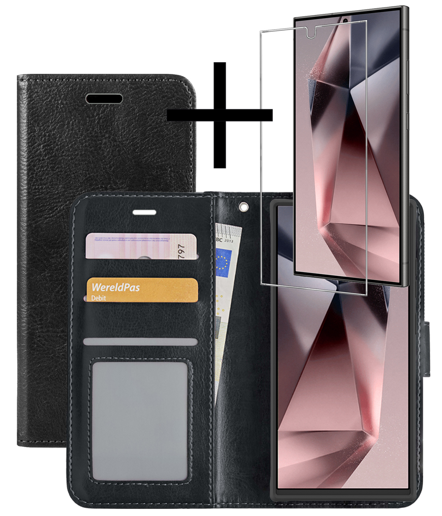NoXx Hoes Geschikt voor Samsung S24 Ultra Hoesje Book Case Hoes Flip Cover Wallet Bookcase Met Screenprotector - Zwart