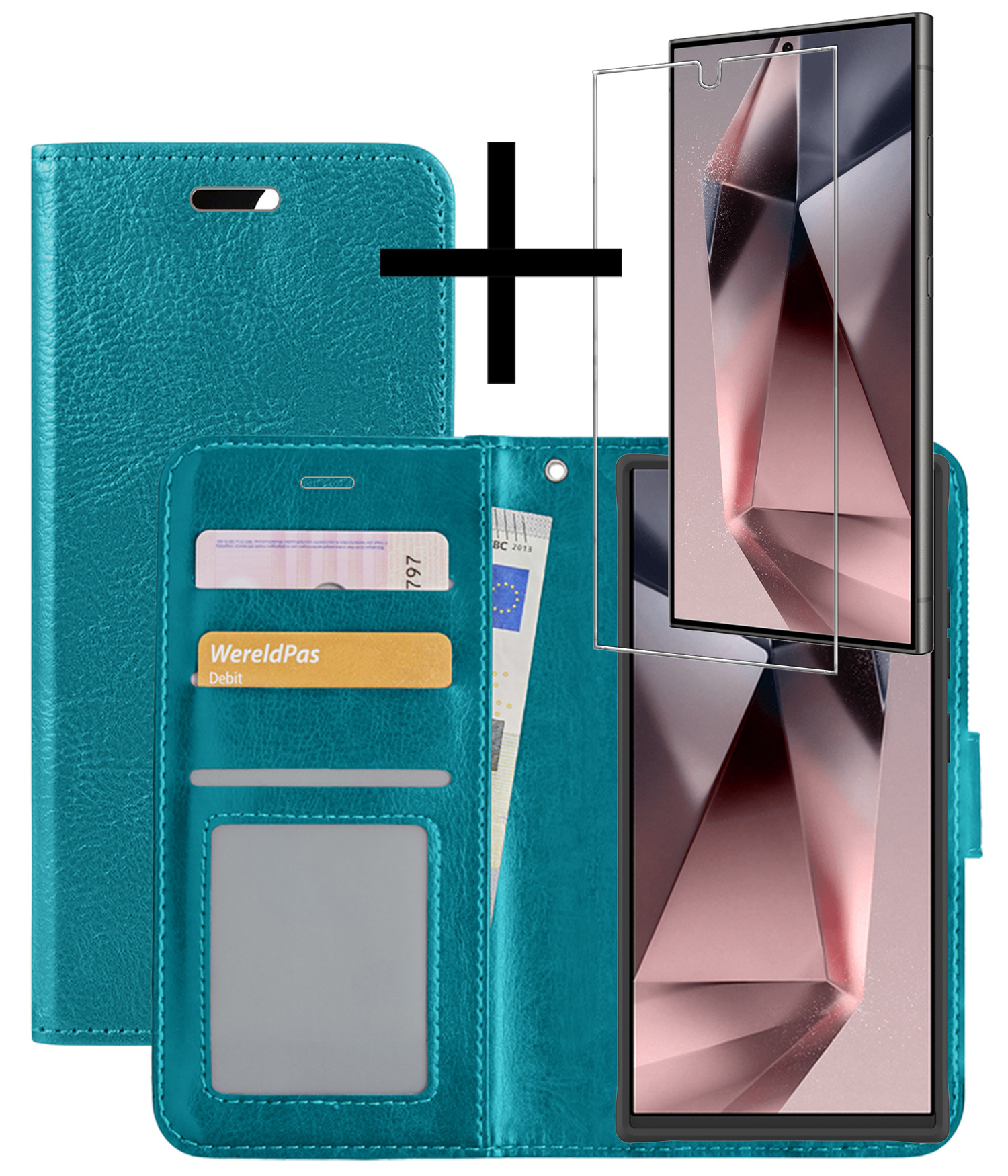 NoXx Hoes Geschikt voor Samsung S24 Ultra Hoesje Book Case Hoes Flip Cover Wallet Bookcase Met Screenprotector - Turquoise