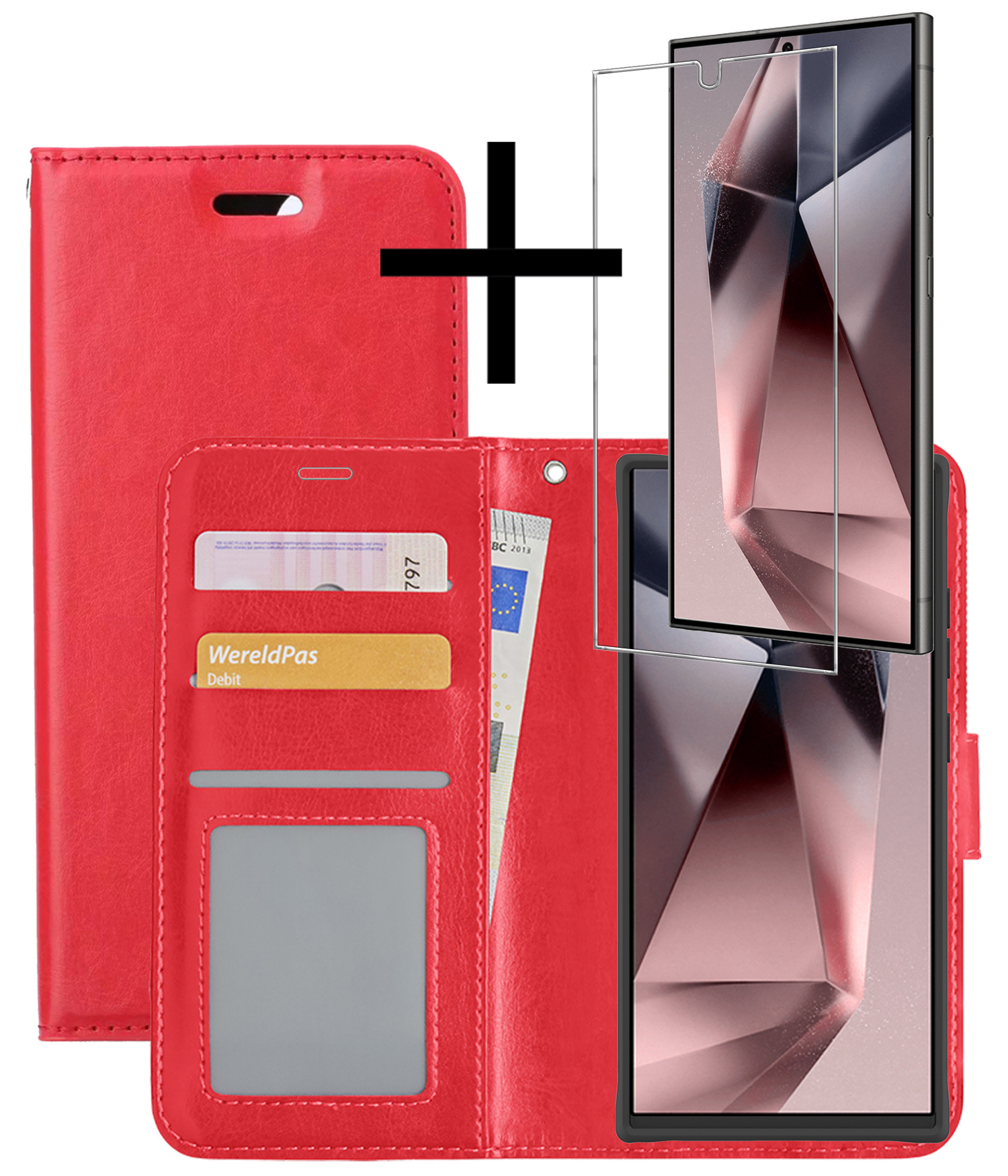 NoXx Hoes Geschikt voor Samsung S24 Ultra Hoesje Book Case Hoes Flip Cover Wallet Bookcase Met Screenprotector - Rood