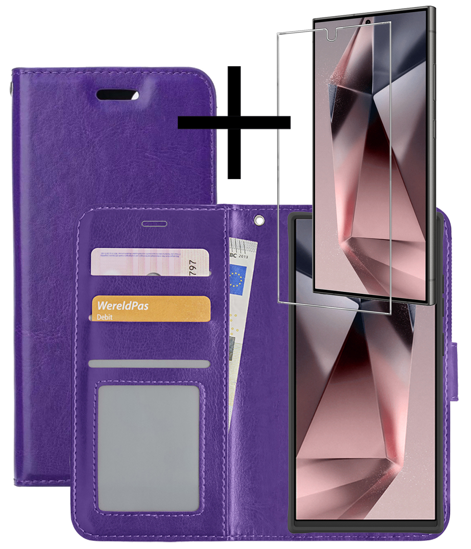 NoXx Hoes Geschikt voor Samsung S24 Ultra Hoesje Book Case Hoes Flip Cover Wallet Bookcase Met Screenprotector - Paars