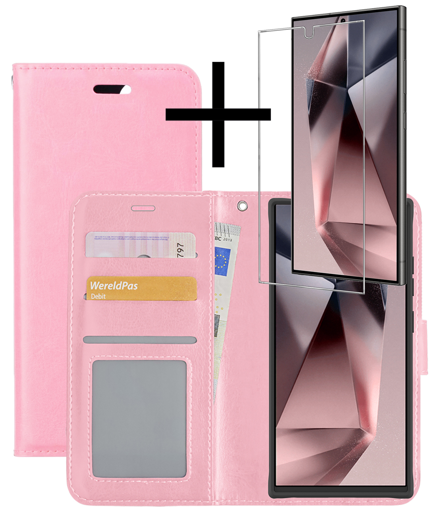 NoXx Hoes Geschikt voor Samsung S24 Ultra Hoesje Book Case Hoes Flip Cover Wallet Bookcase Met Screenprotector - Lichtroze