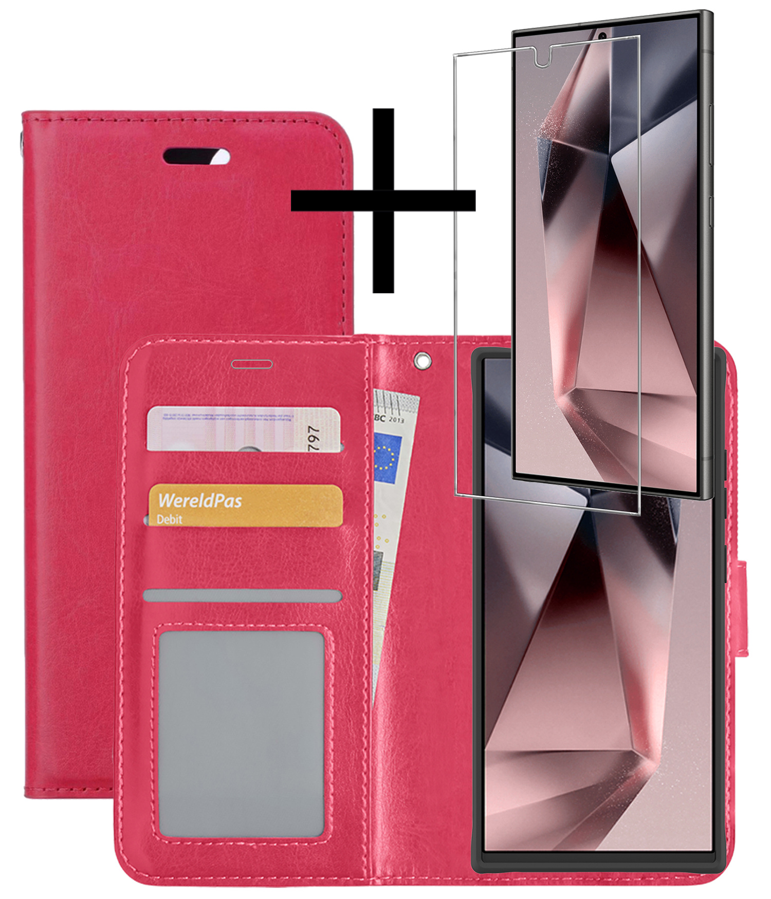 NoXx Hoes Geschikt voor Samsung S24 Ultra Hoesje Book Case Hoes Flip Cover Wallet Bookcase Met Screenprotector - Donkerroze