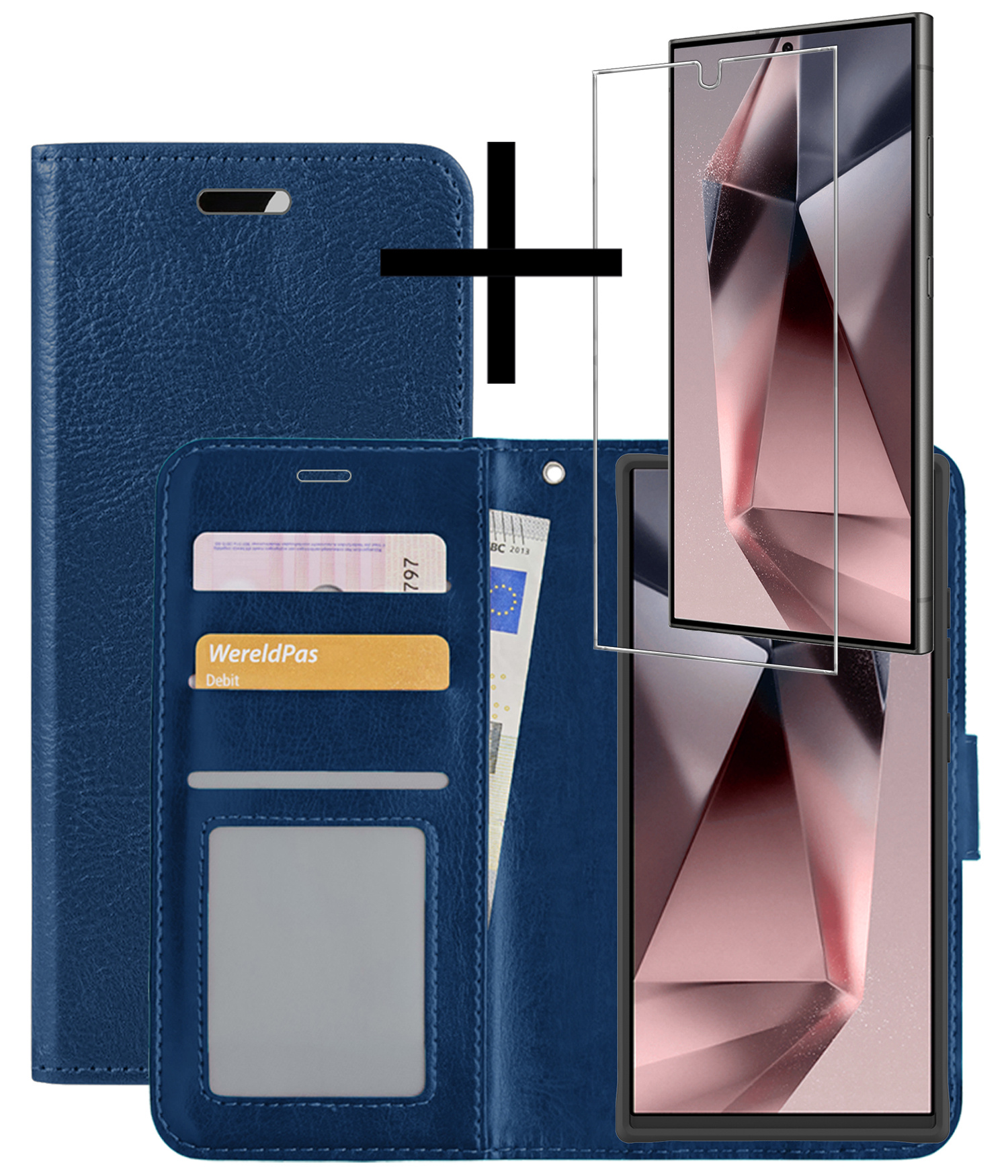 NoXx Hoes Geschikt voor Samsung S24 Ultra Hoesje Book Case Hoes Flip Cover Wallet Bookcase Met Screenprotector - Donkerblauw