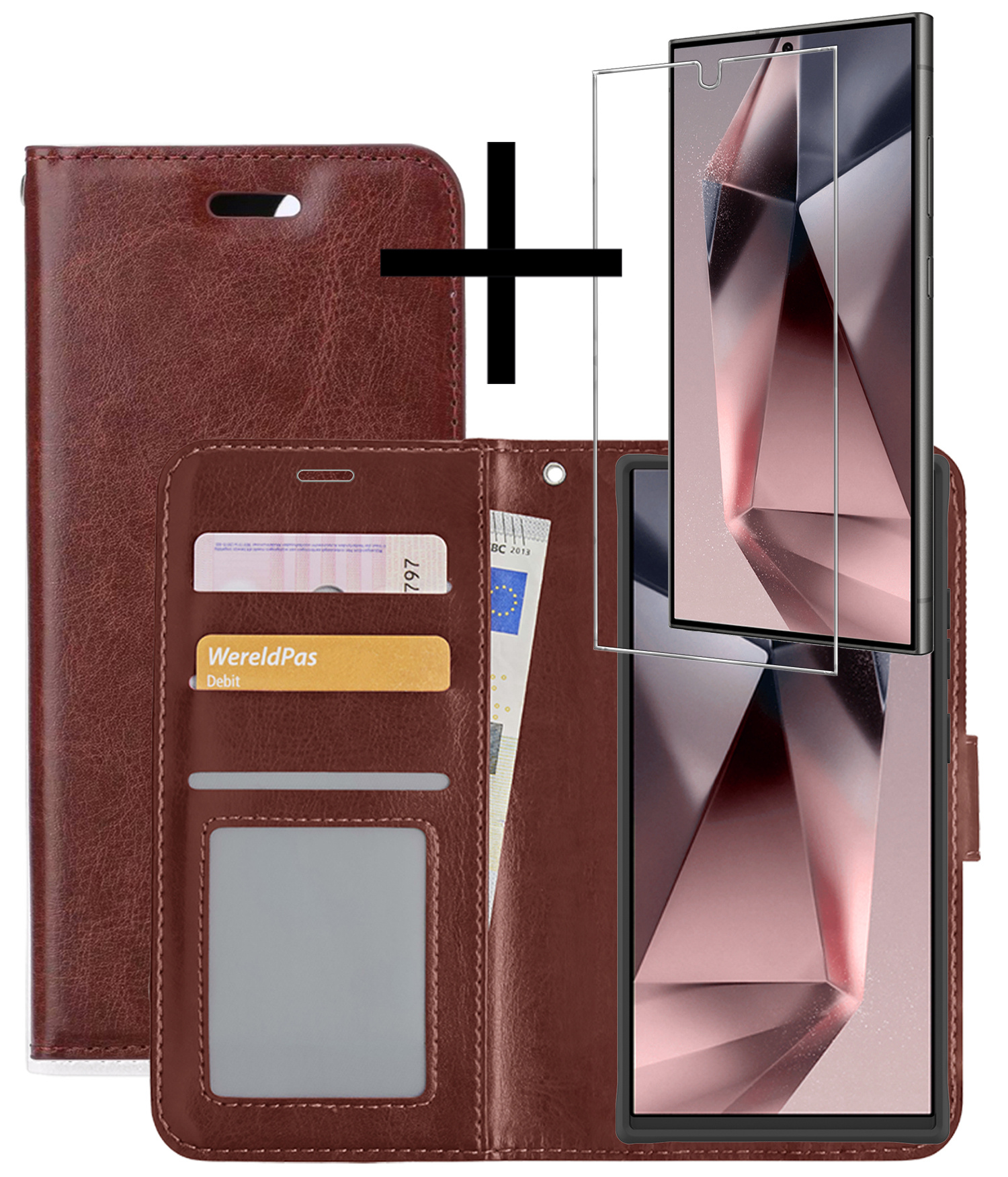 NoXx Hoes Geschikt voor Samsung S24 Ultra Hoesje Book Case Hoes Flip Cover Wallet Bookcase Met Screenprotector - Bruin
