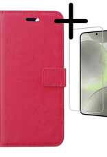 BASEY. Hoes Geschikt voor Samsung S24 Hoesje Bookcase Hoes Flip Case Book Cover Met Screenprotector - Hoesje Geschikt voor Samsung Galaxy S24 Hoes Book Case Hoesje - Donkerroze