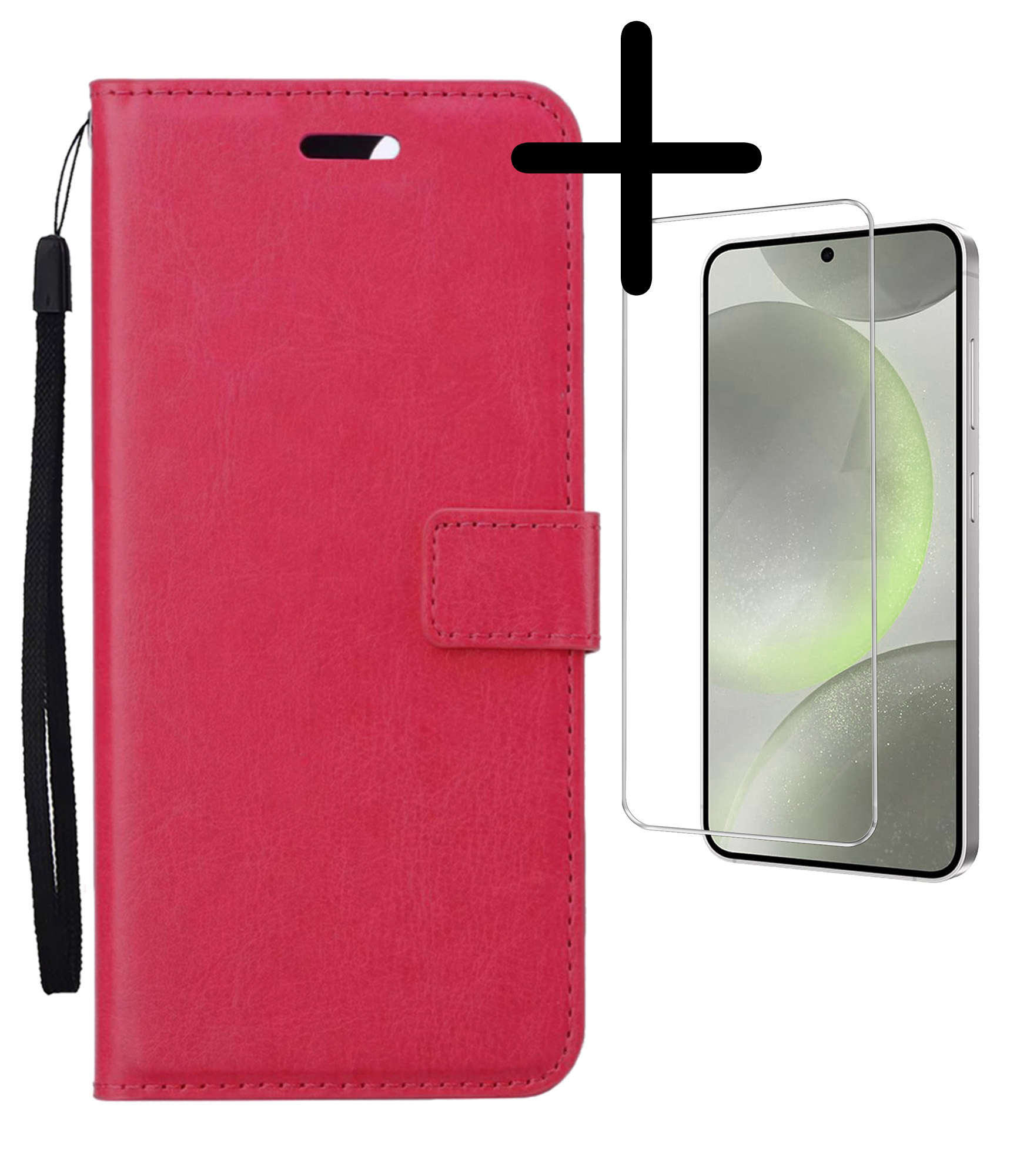 BASEY. Hoes Geschikt voor Samsung S24 Hoesje Bookcase Hoes Flip Case Book Cover Met Screenprotector - Hoesje Geschikt voor Samsung Galaxy S24 Hoes Book Case Hoesje - Donkerroze