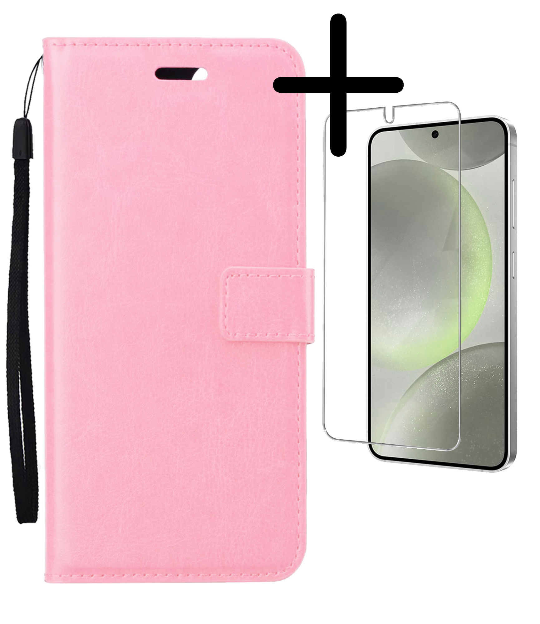 BASEY. Hoes Geschikt voor Samsung S24 Hoesje Bookcase Hoes Flip Case Book Cover Met Screenprotector - Hoesje Geschikt voor Samsung Galaxy S24 Hoes Book Case Hoesje - Lichtroze