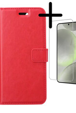 BASEY. Hoes Geschikt voor Samsung S24 Hoesje Bookcase Hoes Flip Case Book Cover Met Screenprotector - Hoesje Geschikt voor Samsung Galaxy S24 Hoes Book Case Hoesje - Rood