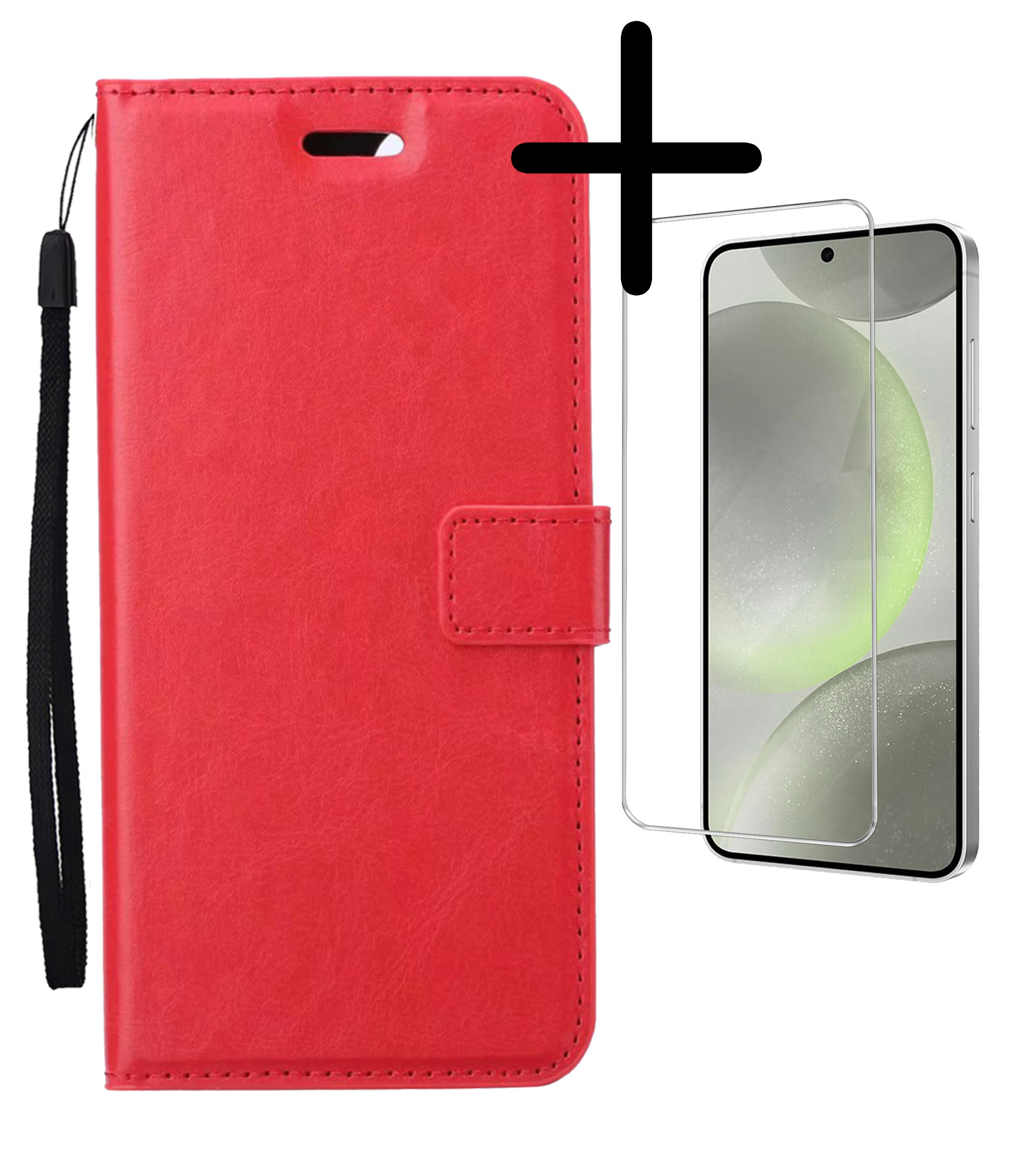 BASEY. Hoes Geschikt voor Samsung S24 Hoesje Bookcase Hoes Flip Case Book Cover Met Screenprotector - Hoesje Geschikt voor Samsung Galaxy S24 Hoes Book Case Hoesje - Rood