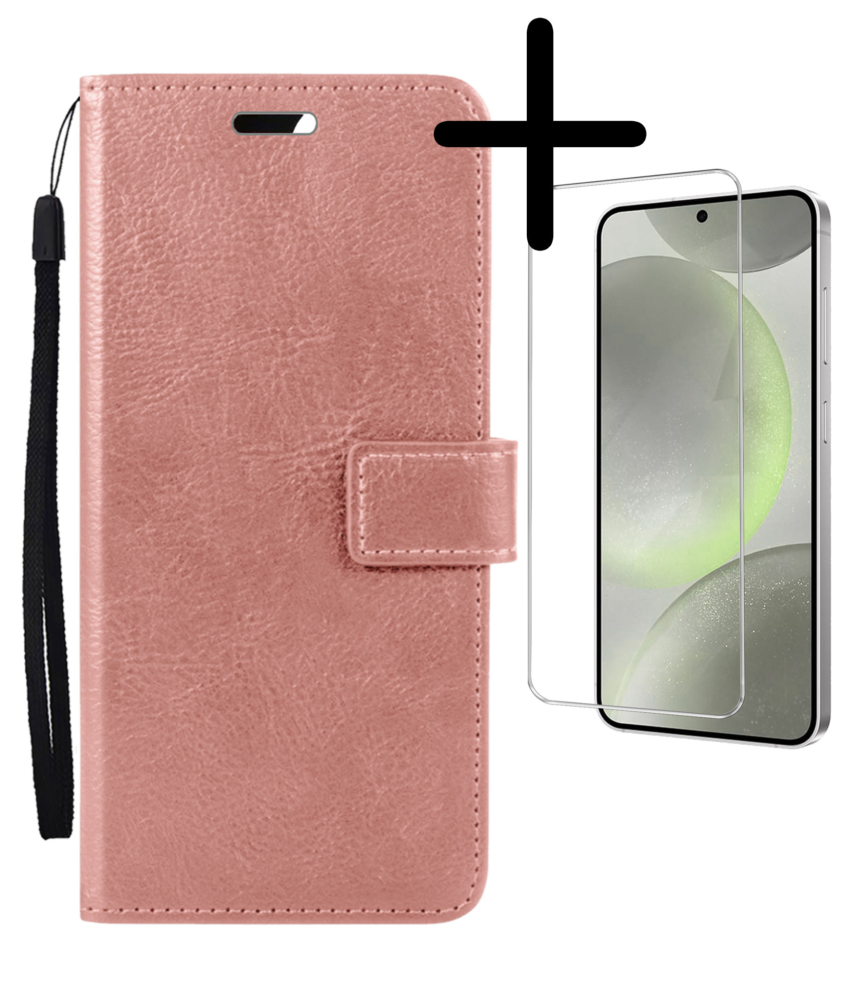 BASEY. Hoes Geschikt voor Samsung S24 Hoesje Bookcase Hoes Flip Case Book Cover Met Screenprotector - Hoesje Geschikt voor Samsung Galaxy S24 Hoes Book Case Hoesje - Rosé goud