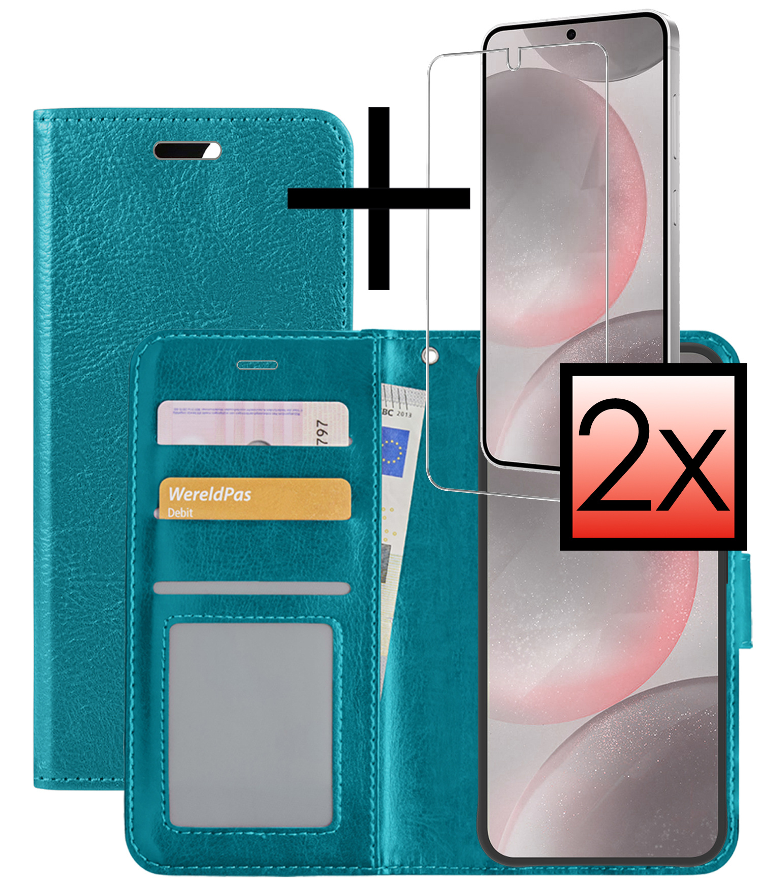 NoXx Hoes Geschikt voor Samsung S24 Plus Hoesje Book Case Hoes Flip Cover Wallet Bookcase Met 2x Screenprotector - Turquoise