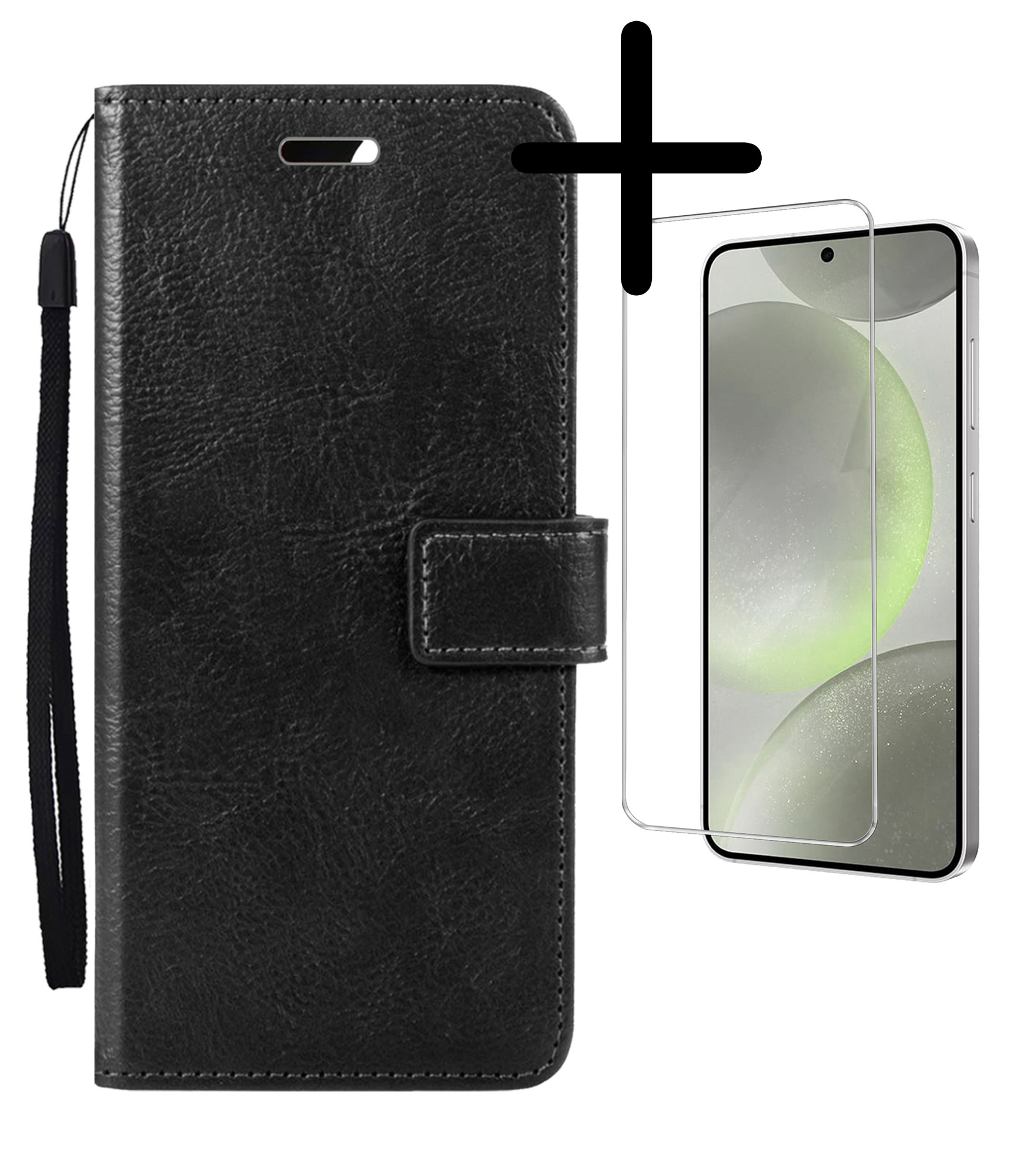 BASEY. Hoes Geschikt voor Samsung S24 Hoesje Bookcase Hoes Flip Case Book Cover Met Screenprotector - Hoesje Geschikt voor Samsung Galaxy S24 Hoes Book Case Hoesje - Zwart