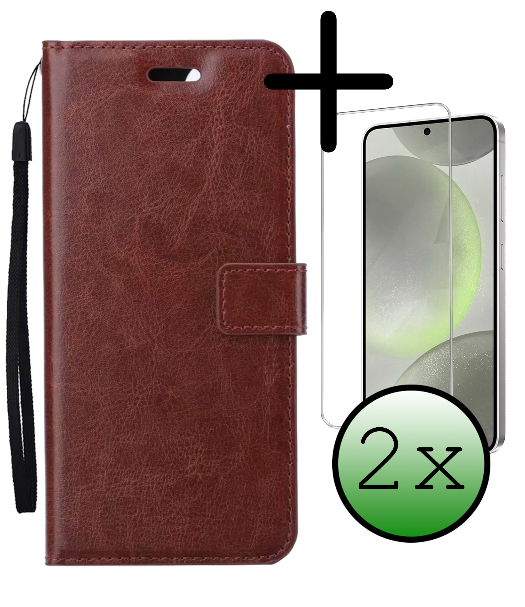 BASEY. Hoes Geschikt voor Samsung S24 Hoesje Bookcase Hoes Flip Case Book Cover Met 2x Screenprotector - Hoesje Geschikt voor Samsung Galaxy S24 Hoes Book Case Hoesje - Bruin