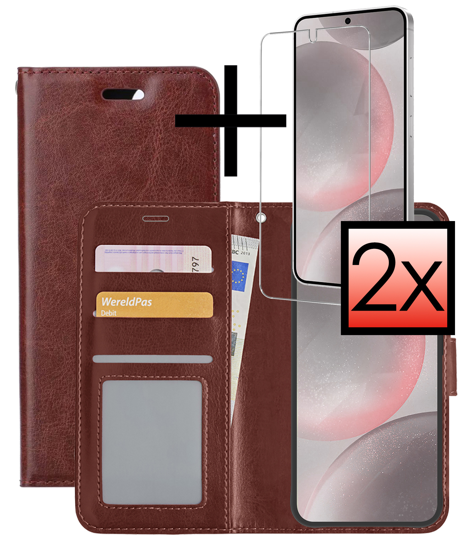 NoXx Hoes Geschikt voor Samsung S24 Plus Hoesje Book Case Hoes Flip Cover Wallet Bookcase Met 2x Screenprotector - Bruin
