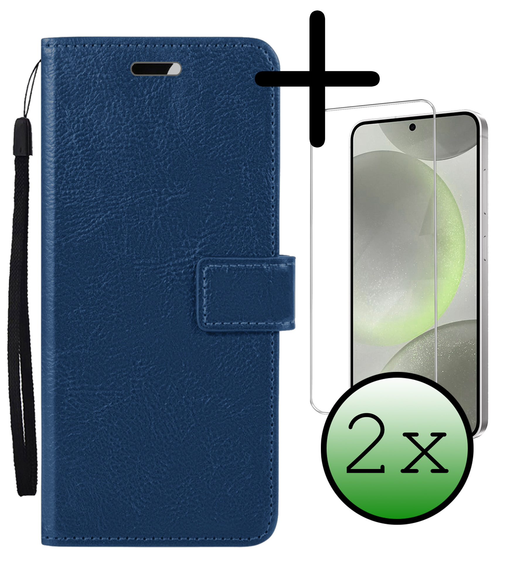 BASEY. Hoes Geschikt voor Samsung S24 Hoesje Bookcase Hoes Flip Case Book Cover Met 2x Screenprotector - Hoesje Geschikt voor Samsung Galaxy S24 Hoes Book Case Hoesje - Donkerblauw