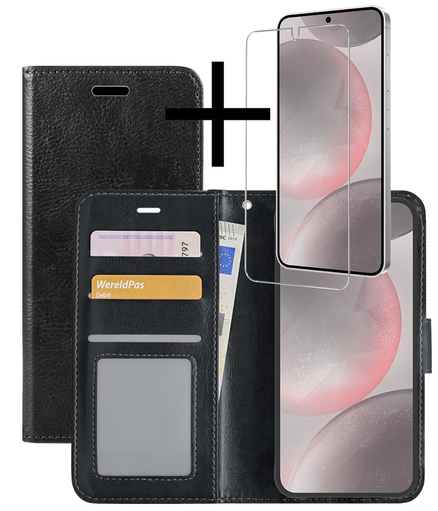 NoXx Hoes Geschikt voor Samsung S24 Plus Hoesje Book Case Hoes Flip Cover Wallet Bookcase Met Screenprotector - Zwart