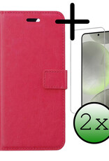 BASEY. Hoes Geschikt voor Samsung S24 Hoesje Bookcase Hoes Flip Case Book Cover Met 2x Screenprotector - Hoesje Geschikt voor Samsung Galaxy S24 Hoes Book Case Hoesje - Donkerroze