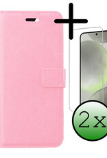 BASEY. Hoes Geschikt voor Samsung S24 Hoesje Bookcase Hoes Flip Case Book Cover Met 2x Screenprotector - Hoesje Geschikt voor Samsung Galaxy S24 Hoes Book Case Hoesje - Lichtroze