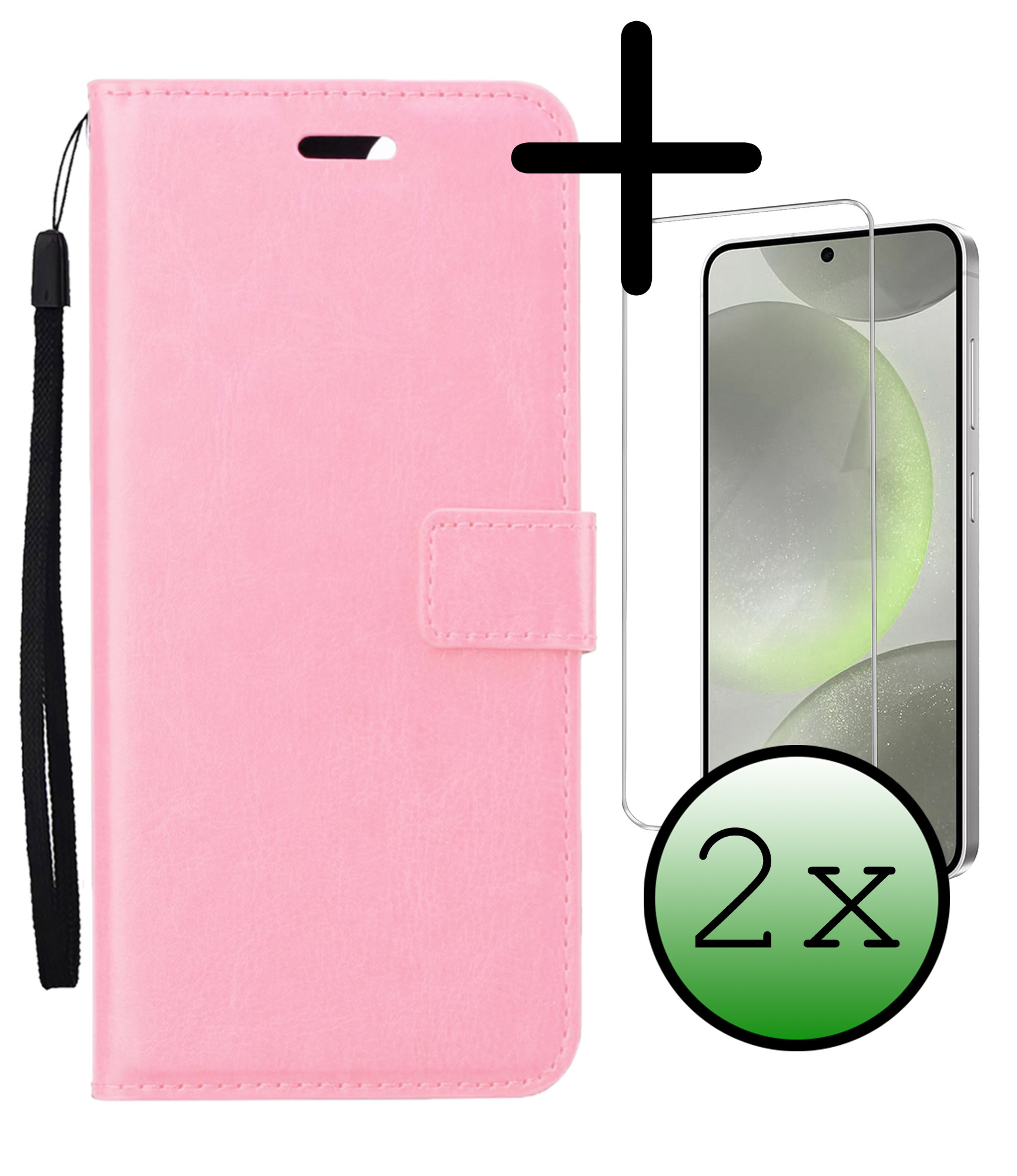 BASEY. Hoes Geschikt voor Samsung S24 Hoesje Bookcase Hoes Flip Case Book Cover Met 2x Screenprotector - Hoesje Geschikt voor Samsung Galaxy S24 Hoes Book Case Hoesje - Lichtroze