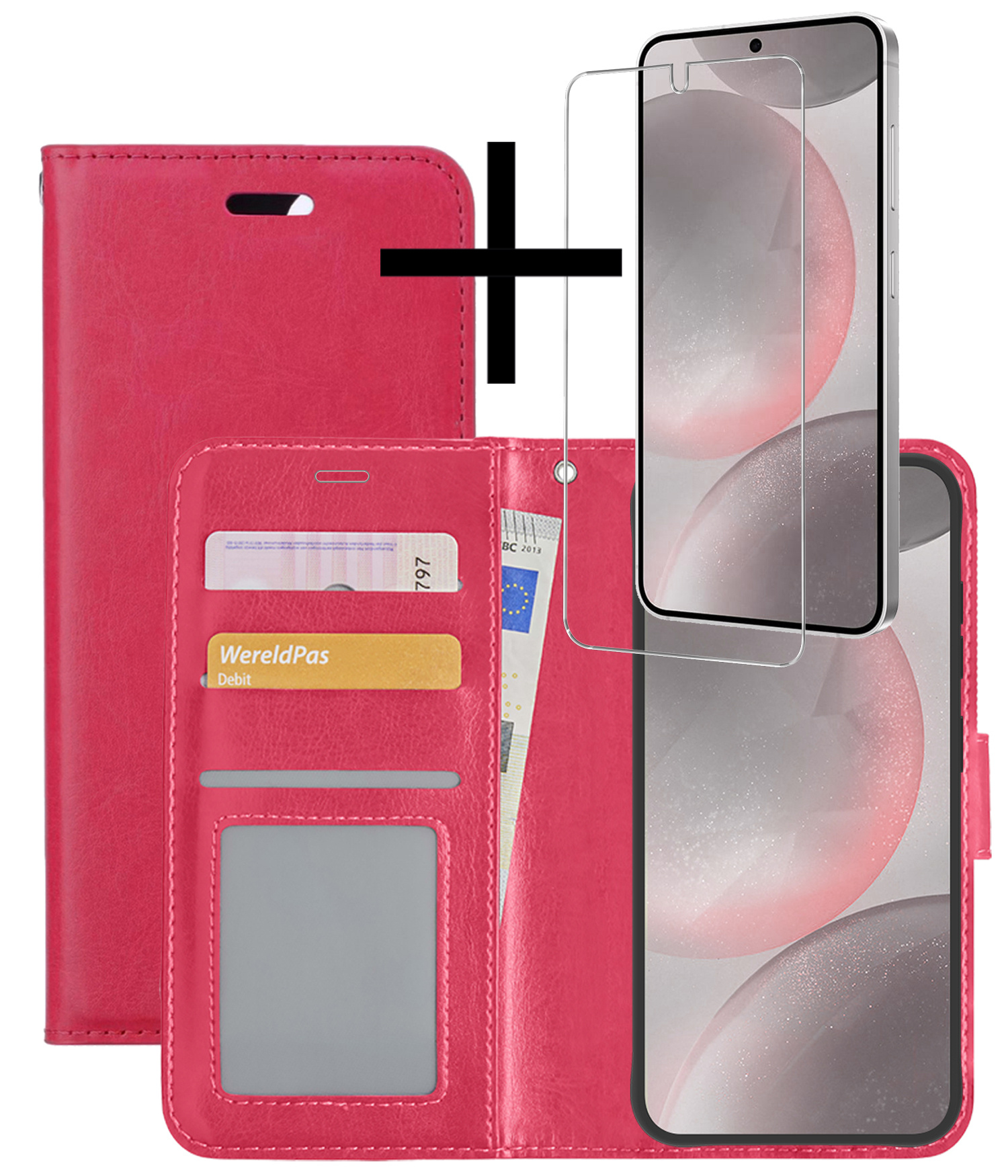 NoXx Hoes Geschikt voor Samsung S24 Plus Hoesje Book Case Hoes Flip Cover Wallet Bookcase Met Screenprotector - Donkerroze
