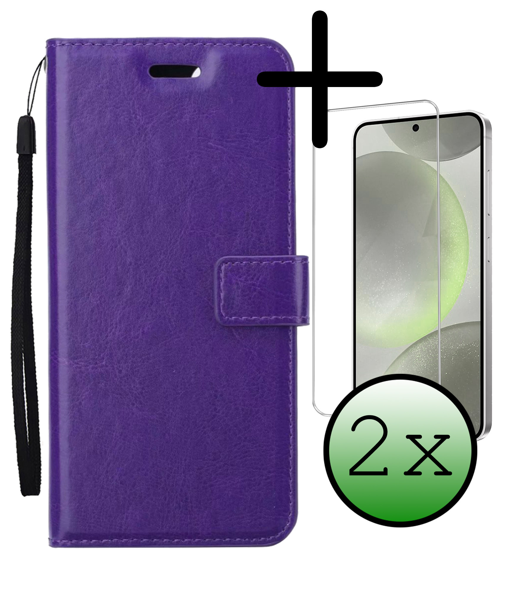 BASEY. Hoes Geschikt voor Samsung S24 Hoesje Bookcase Hoes Flip Case Book Cover Met 2x Screenprotector - Hoesje Geschikt voor Samsung Galaxy S24 Hoes Book Case Hoesje - Paars