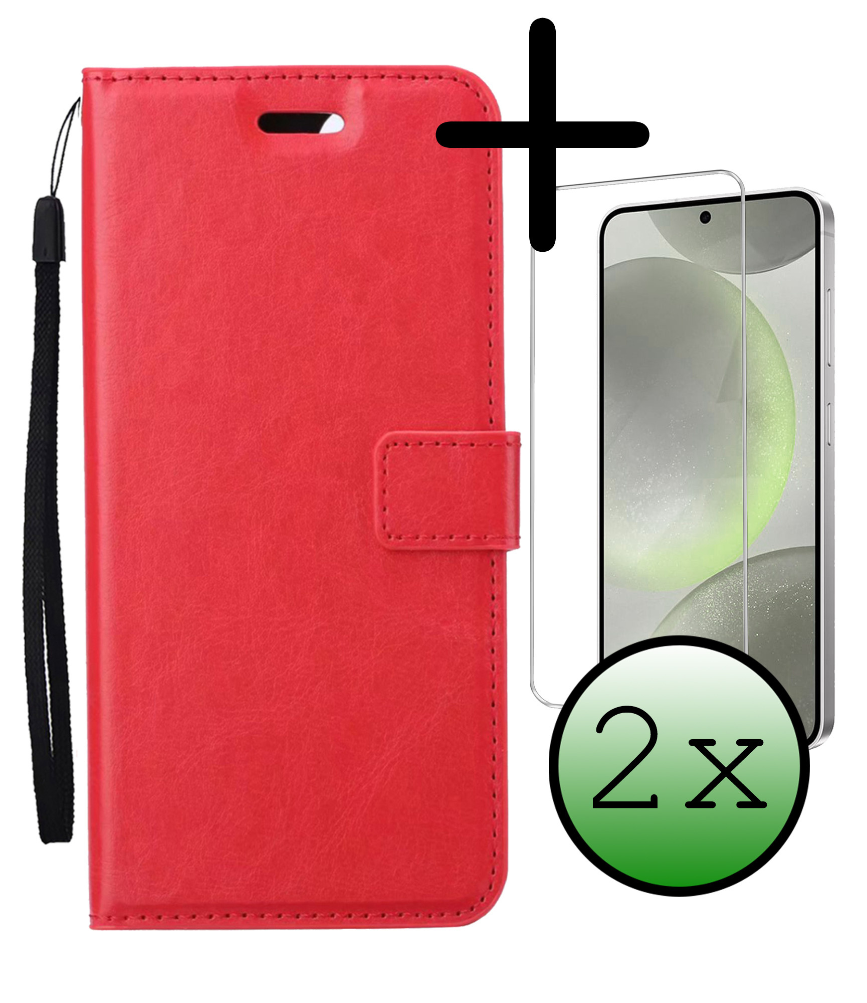 BASEY. Hoes Geschikt voor Samsung S24 Hoesje Bookcase Hoes Flip Case Book Cover Met 2x Screenprotector - Hoesje Geschikt voor Samsung Galaxy S24 Hoes Book Case Hoesje - Rood