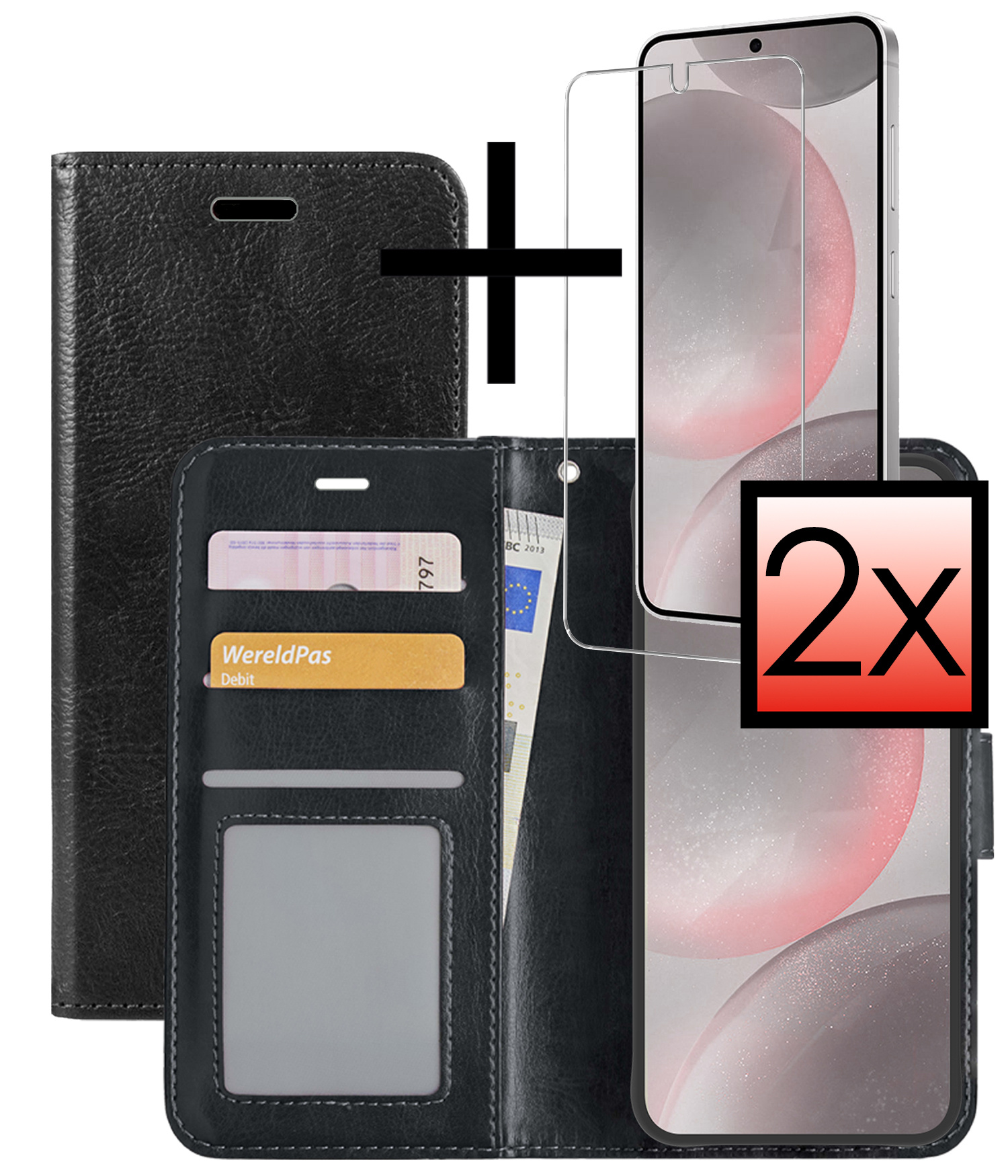 NoXx Hoes Geschikt voor Samsung S24 Hoesje Book Case Hoes Flip Cover Wallet Bookcase Met 2x Screenprotector - Zwart