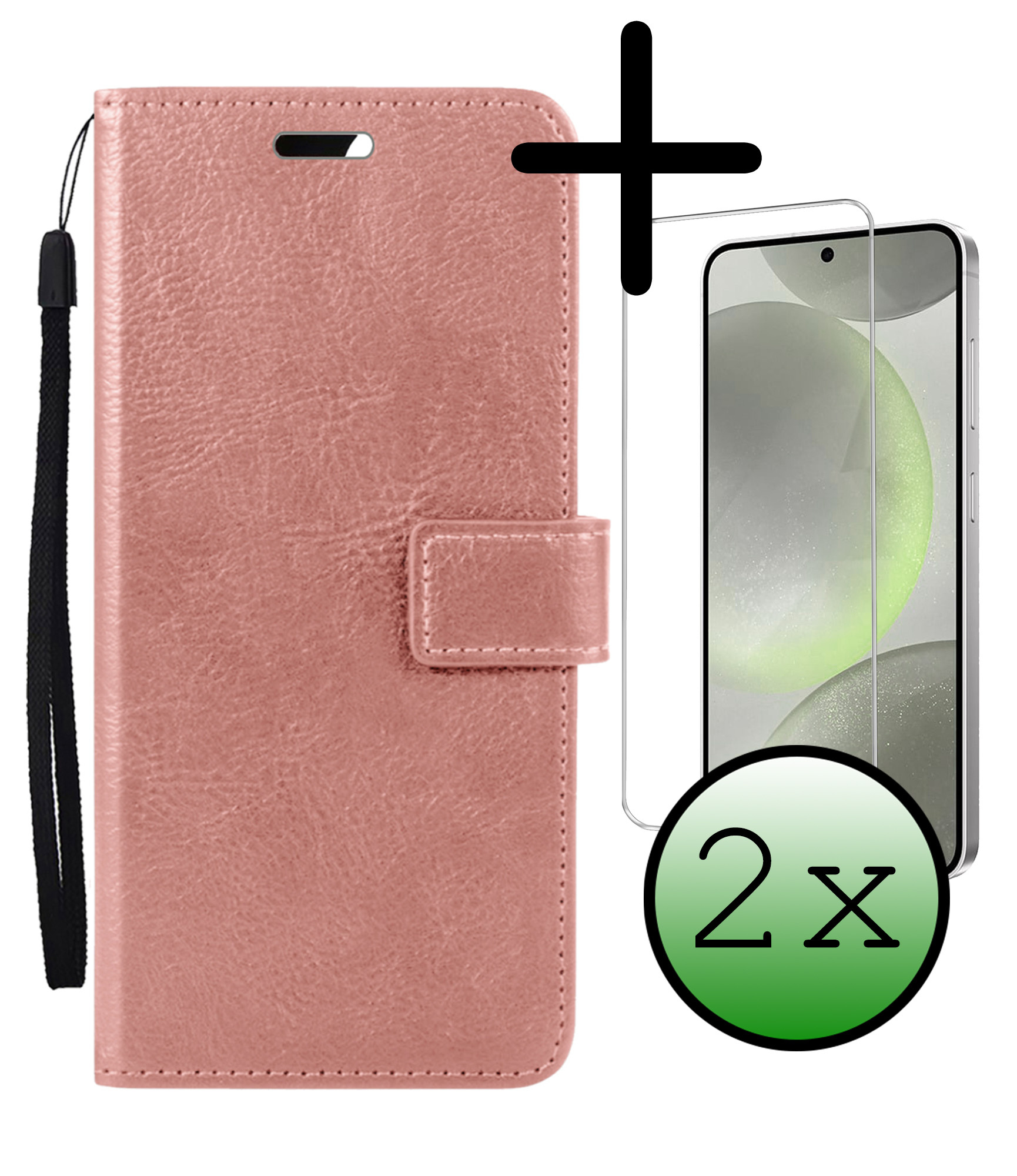 BASEY. Hoes Geschikt voor Samsung S24 Hoesje Bookcase Hoes Flip Case Book Cover Met 2x Screenprotector - Hoesje Geschikt voor Samsung Galaxy S24 Hoes Book Case Hoesje - Rosé goud