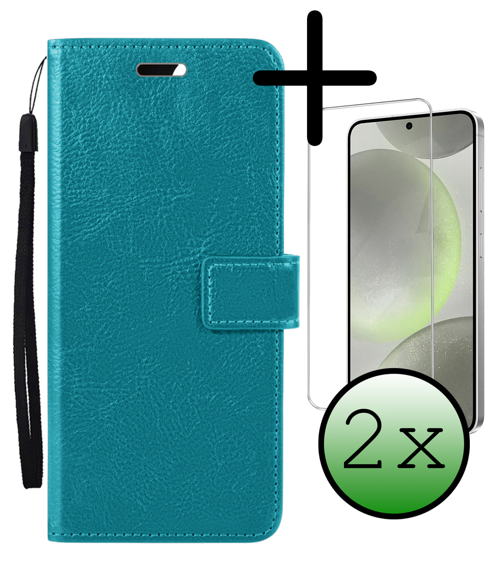 BASEY. Hoes Geschikt voor Samsung S24 Hoesje Bookcase Hoes Flip Case Book Cover Met 2x Screenprotector - Hoesje Geschikt voor Samsung Galaxy S24 Hoes Book Case Hoesje - Turquoise