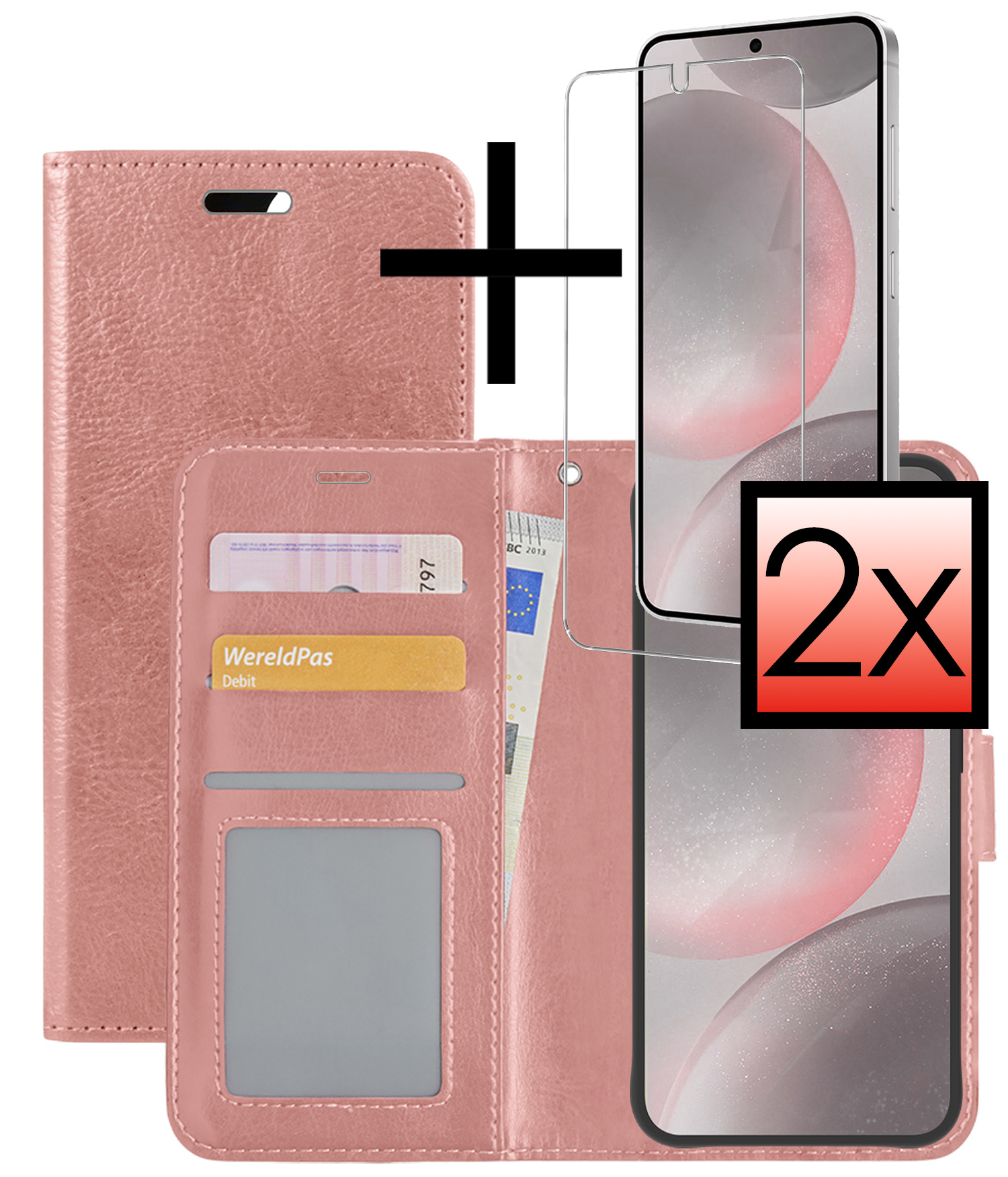 NoXx Hoes Geschikt voor Samsung S24 Hoesje Book Case Hoes Flip Cover Wallet Bookcase Met 2x Screenprotector - Rosé goud