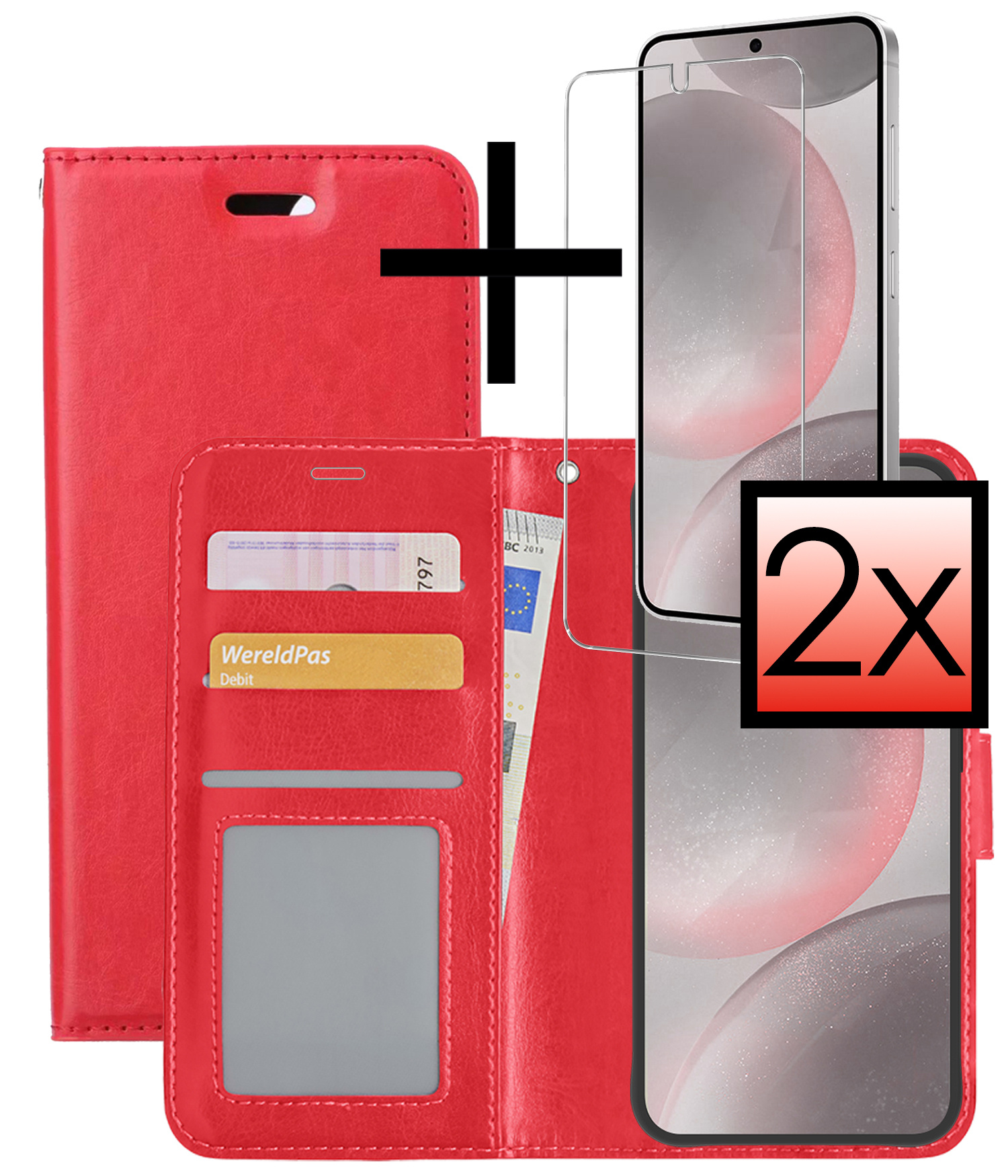 NoXx Hoes Geschikt voor Samsung S24 Hoesje Book Case Hoes Flip Cover Wallet Bookcase Met 2x Screenprotector - Rood