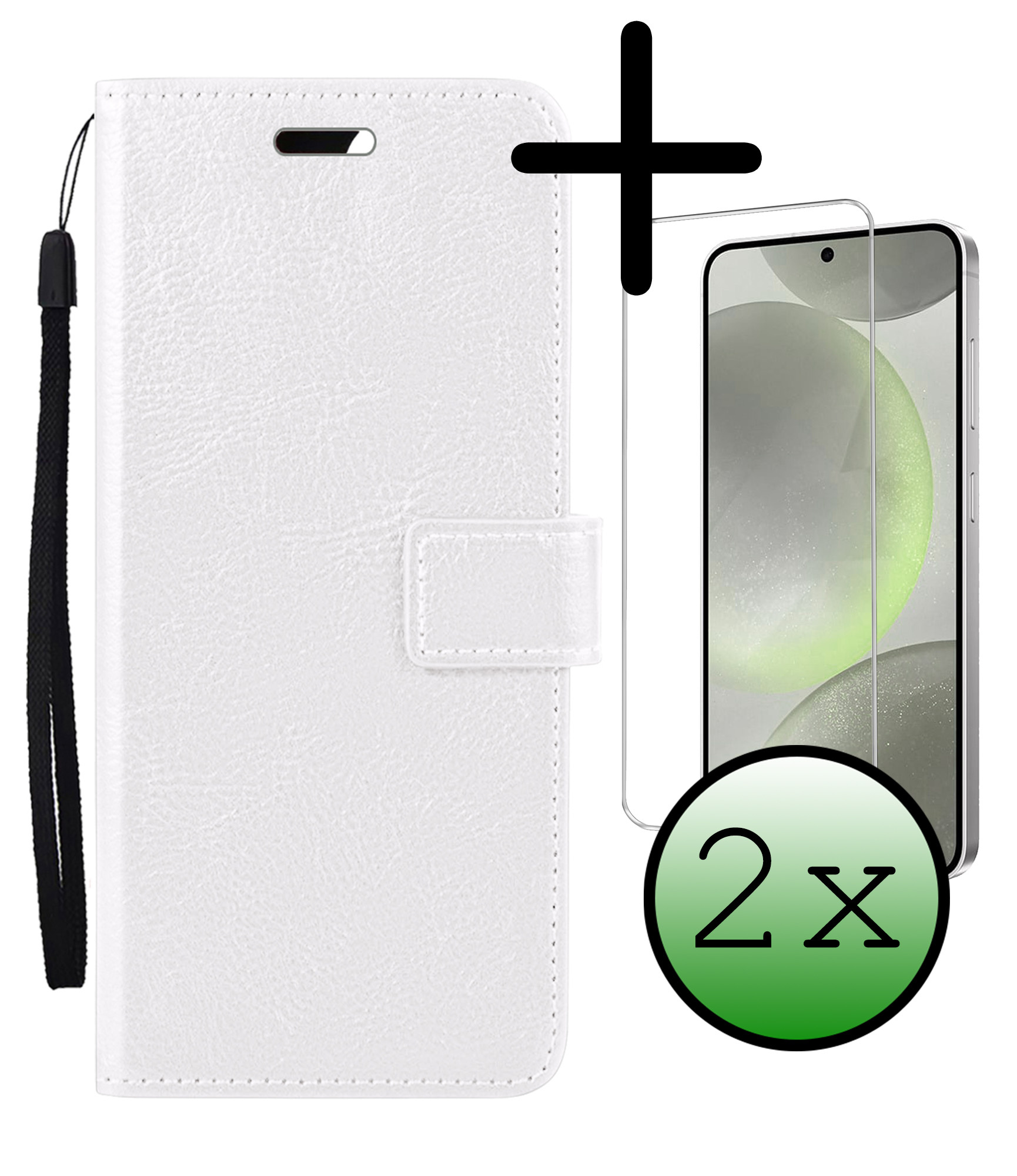 BASEY. Hoes Geschikt voor Samsung S24 Hoesje Bookcase Hoes Flip Case Book Cover Met 2x Screenprotector - Hoesje Geschikt voor Samsung Galaxy S24 Hoes Book Case Hoesje - Wit