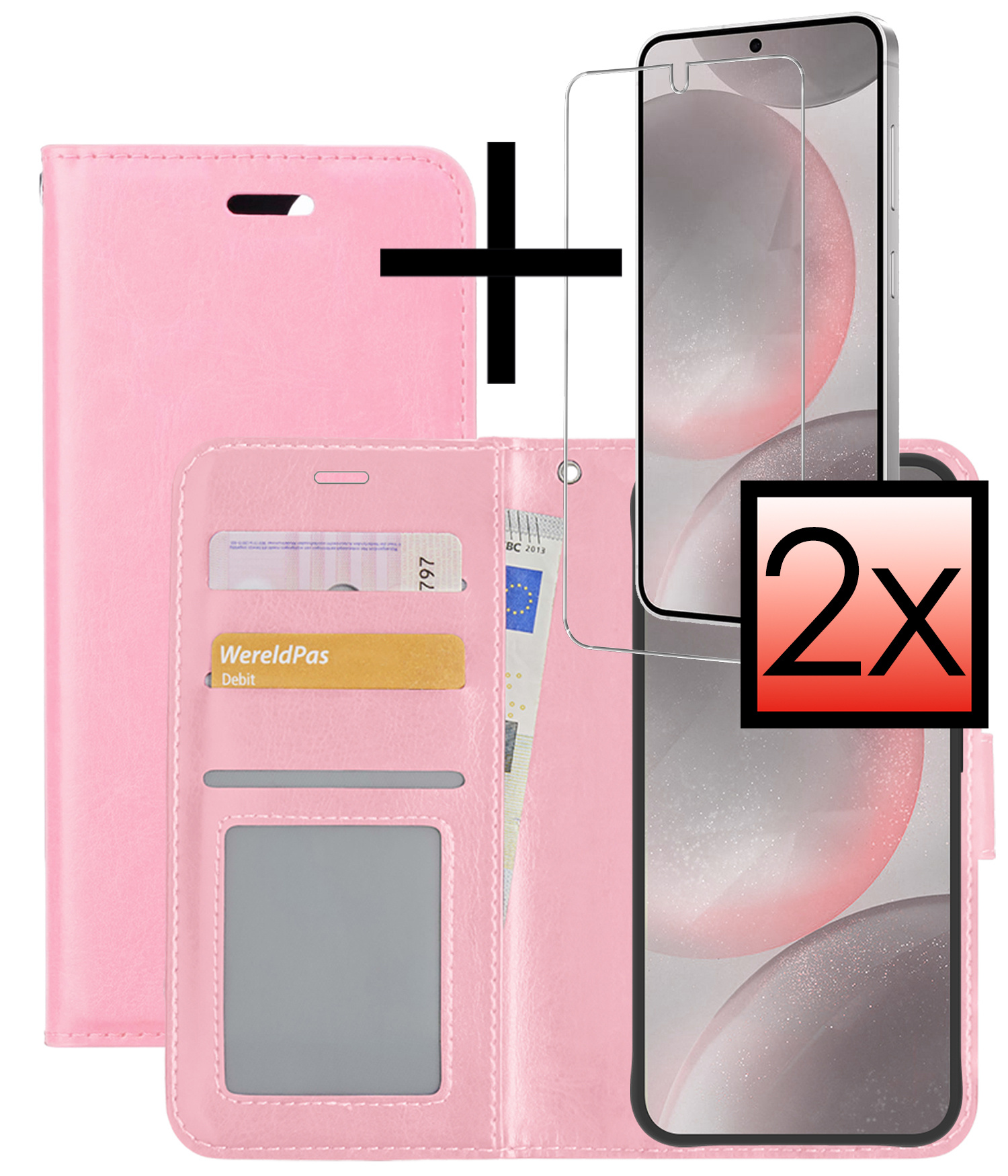 NoXx Hoes Geschikt voor Samsung S24 Hoesje Book Case Hoes Flip Cover Wallet Bookcase Met 2x Screenprotector - Lichtroze