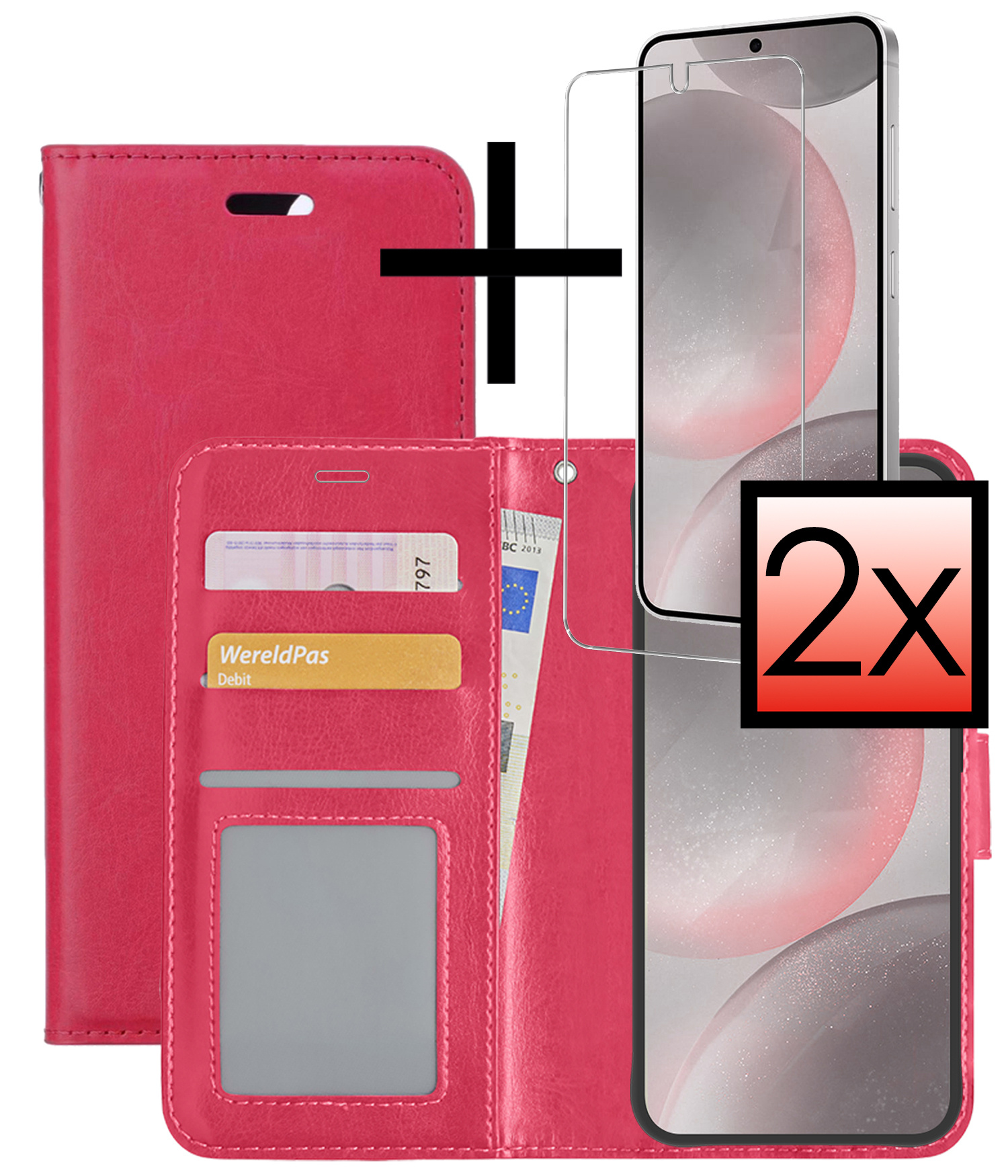 NoXx Hoes Geschikt voor Samsung S24 Hoesje Book Case Hoes Flip Cover Wallet Bookcase Met 2x Screenprotector - Donkerroze