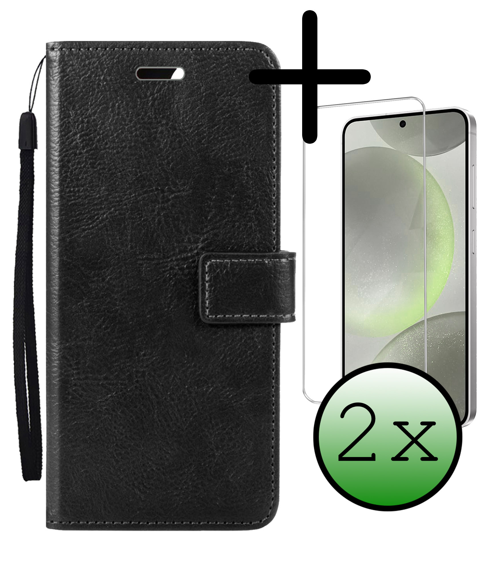 BASEY. Hoes Geschikt voor Samsung S24 Hoesje Bookcase Hoes Flip Case Book Cover Met 2x Screenprotector - Hoesje Geschikt voor Samsung Galaxy S24 Hoes Book Case Hoesje - Zwart