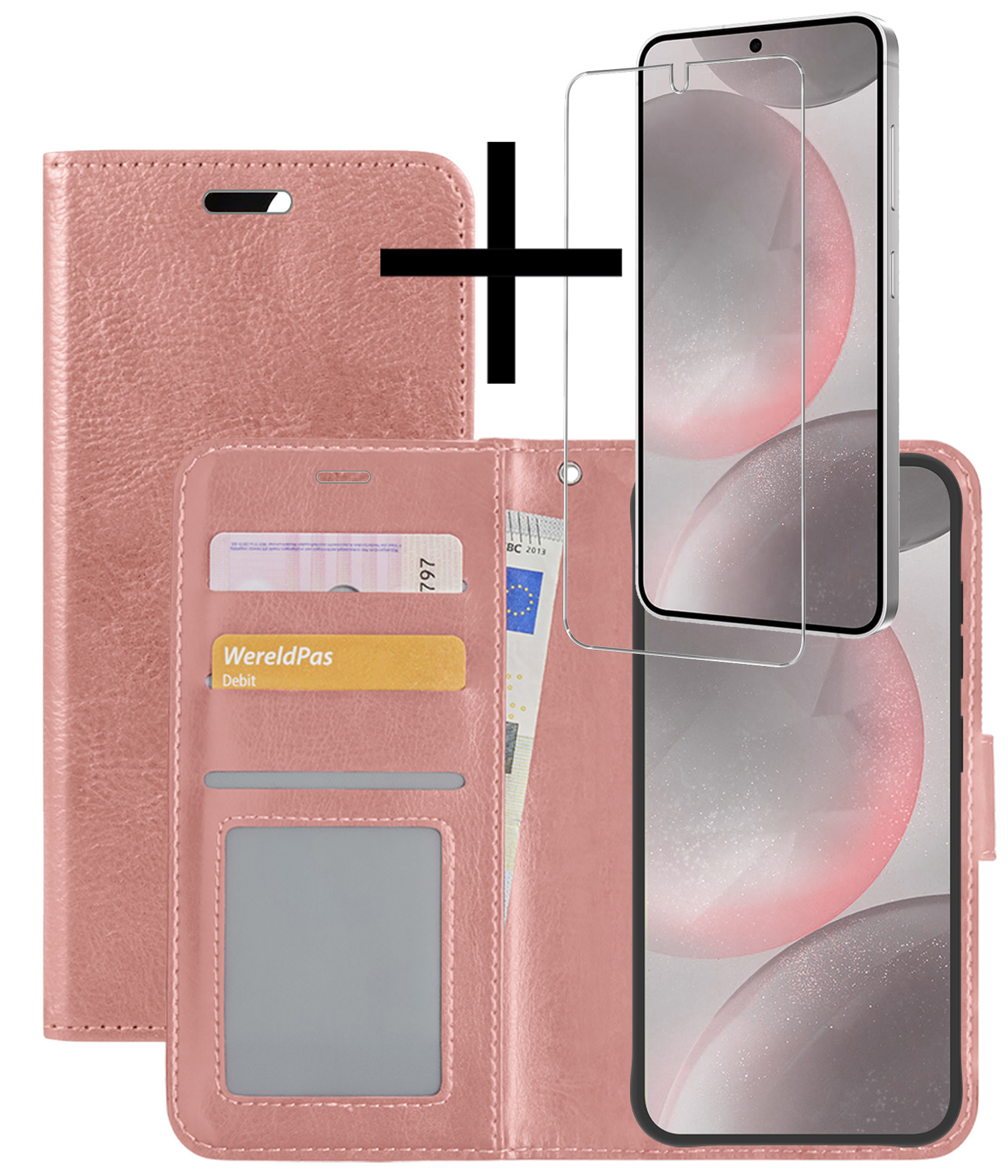 NoXx Hoes Geschikt voor Samsung S24 Hoesje Book Case Hoes Flip Cover Wallet Bookcase Met Screenprotector - Rosé goud