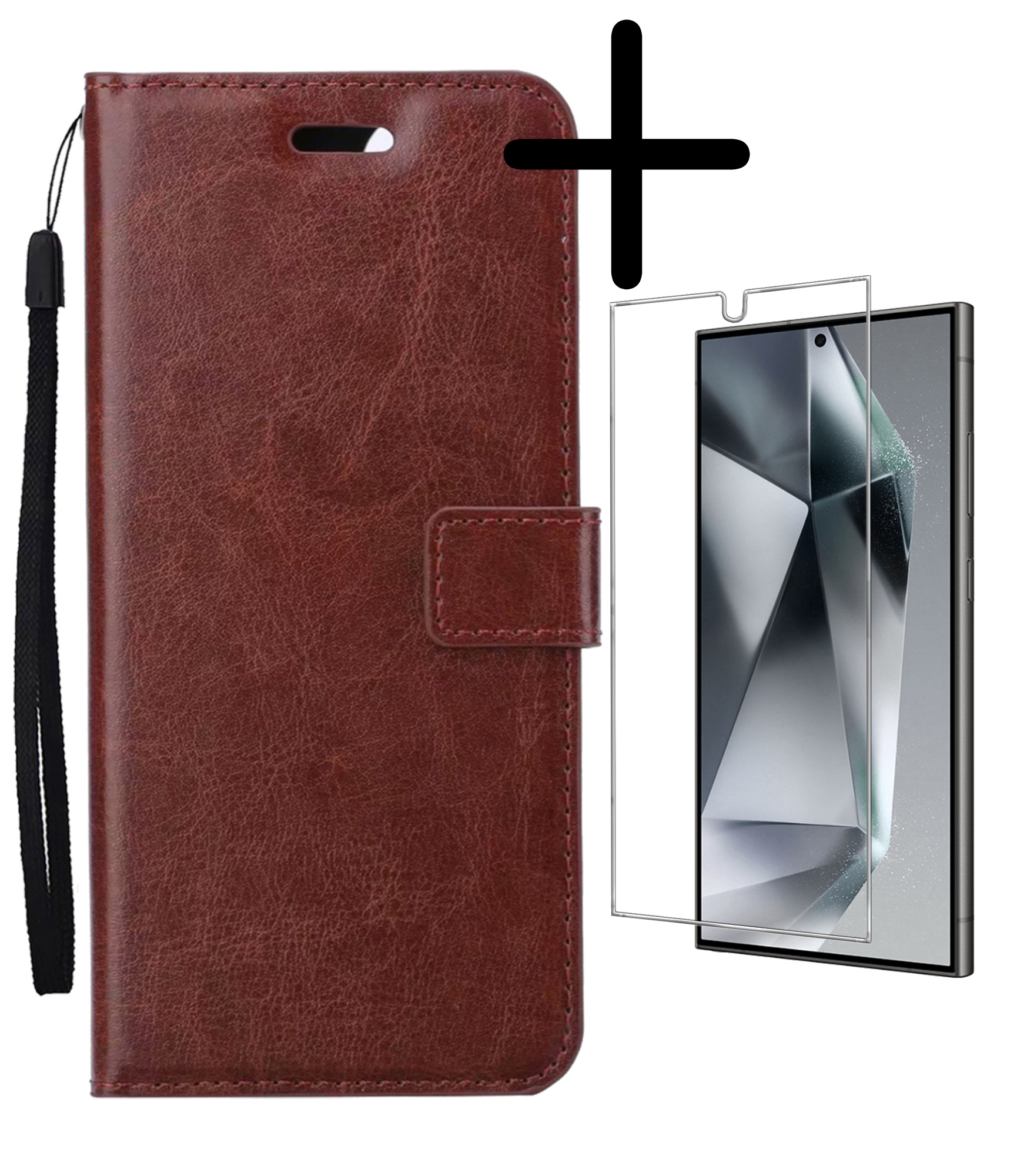 BASEY. Hoes Geschikt voor Samsung S24 Ultra Hoesje Bookcase Hoes Flip Case Book Cover Met Screenprotector - Hoesje Geschikt voor Samsung Galaxy S24 Ultra Hoes Book Case Hoesje - Bruin