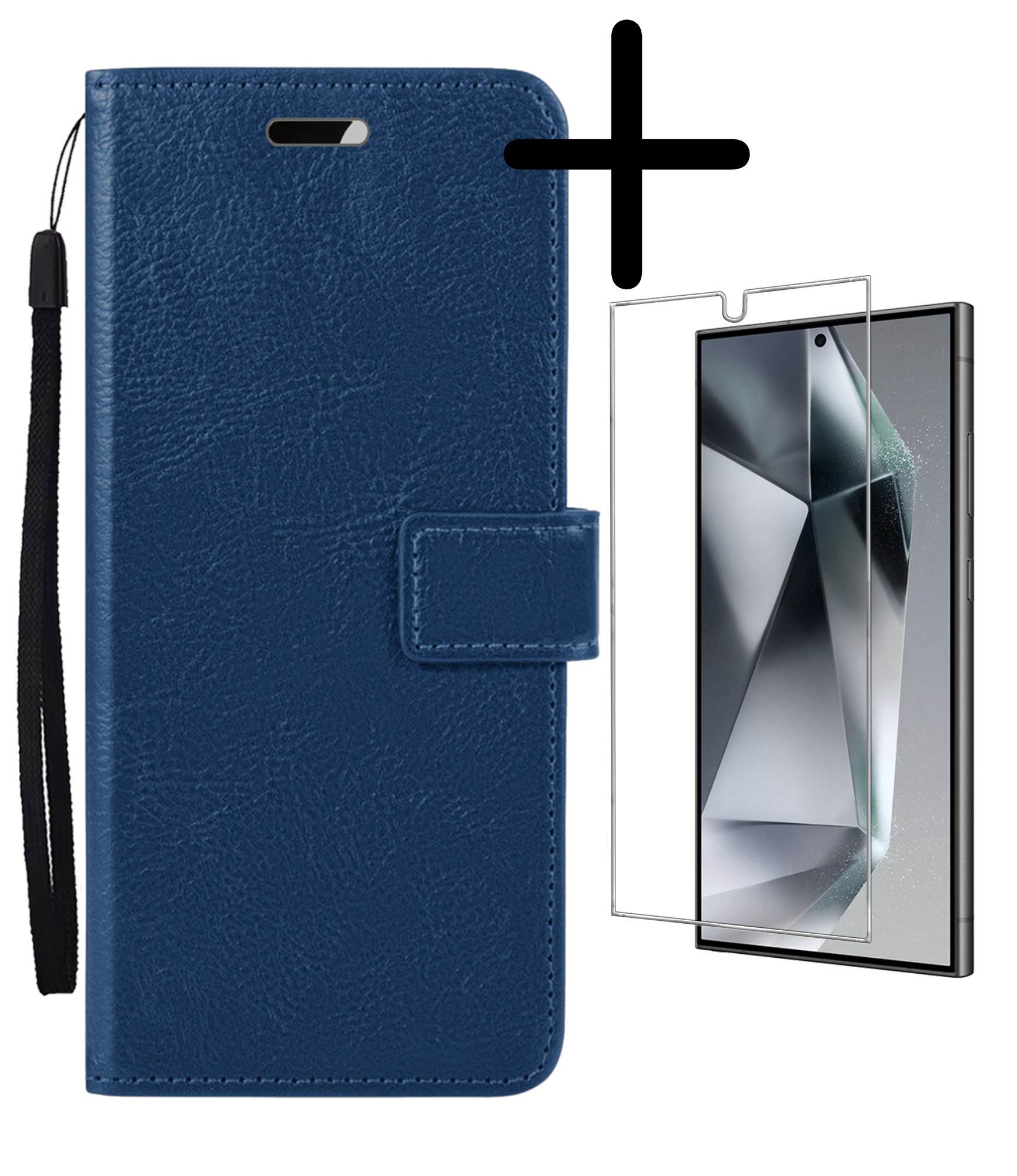 BASEY. Hoes Geschikt voor Samsung S24 Ultra Hoesje Bookcase Hoes Flip Case Book Cover Met Screenprotector - Hoesje Geschikt voor Samsung Galaxy S24 Ultra Hoes Book Case Hoesje - Donkerblauw