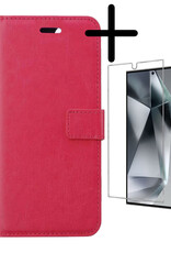 BASEY. Hoes Geschikt voor Samsung S24 Ultra Hoesje Bookcase Hoes Flip Case Book Cover Met Screenprotector - Hoesje Geschikt voor Samsung Galaxy S24 Ultra Hoes Book Case Hoesje - Donkerroze