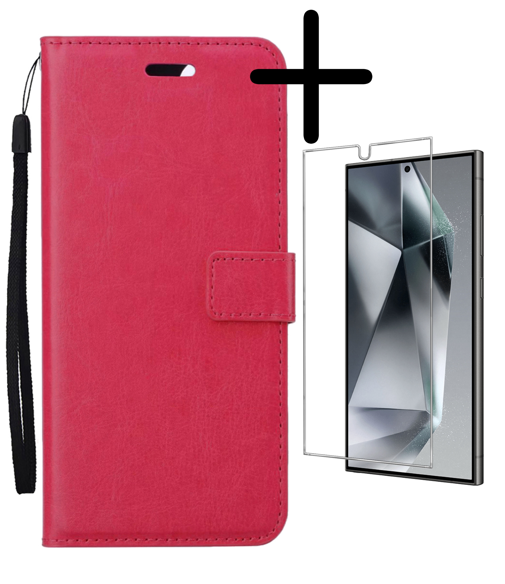 BASEY. Hoes Geschikt voor Samsung S24 Ultra Hoesje Bookcase Hoes Flip Case Book Cover Met Screenprotector - Hoesje Geschikt voor Samsung Galaxy S24 Ultra Hoes Book Case Hoesje - Donkerroze