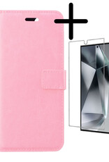 BASEY. Hoes Geschikt voor Samsung S24 Ultra Hoesje Bookcase Hoes Flip Case Book Cover Met Screenprotector - Hoesje Geschikt voor Samsung Galaxy S24 Ultra Hoes Book Case Hoesje - Lichtroze