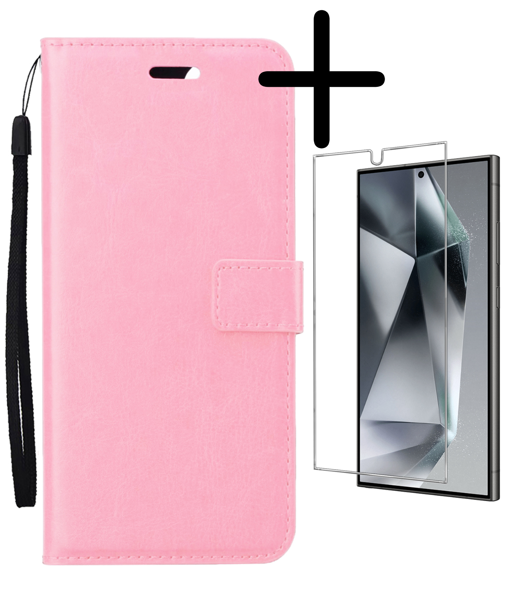 BASEY. Hoes Geschikt voor Samsung S24 Ultra Hoesje Bookcase Hoes Flip Case Book Cover Met Screenprotector - Hoesje Geschikt voor Samsung Galaxy S24 Ultra Hoes Book Case Hoesje - Lichtroze