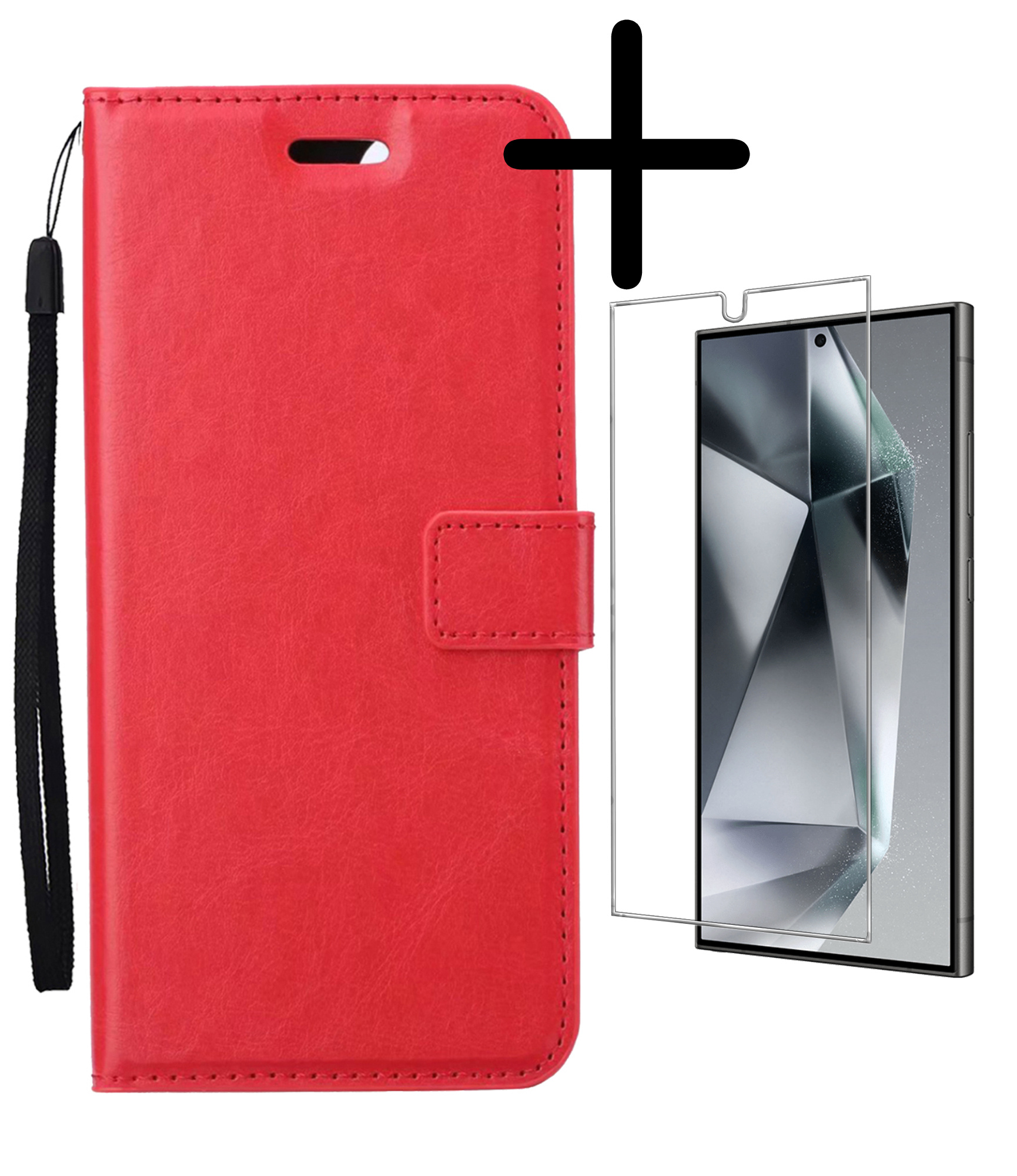 BASEY. Hoes Geschikt voor Samsung S24 Ultra Hoesje Bookcase Hoes Flip Case Book Cover Met Screenprotector - Hoesje Geschikt voor Samsung Galaxy S24 Ultra Hoes Book Case Hoesje - Rood