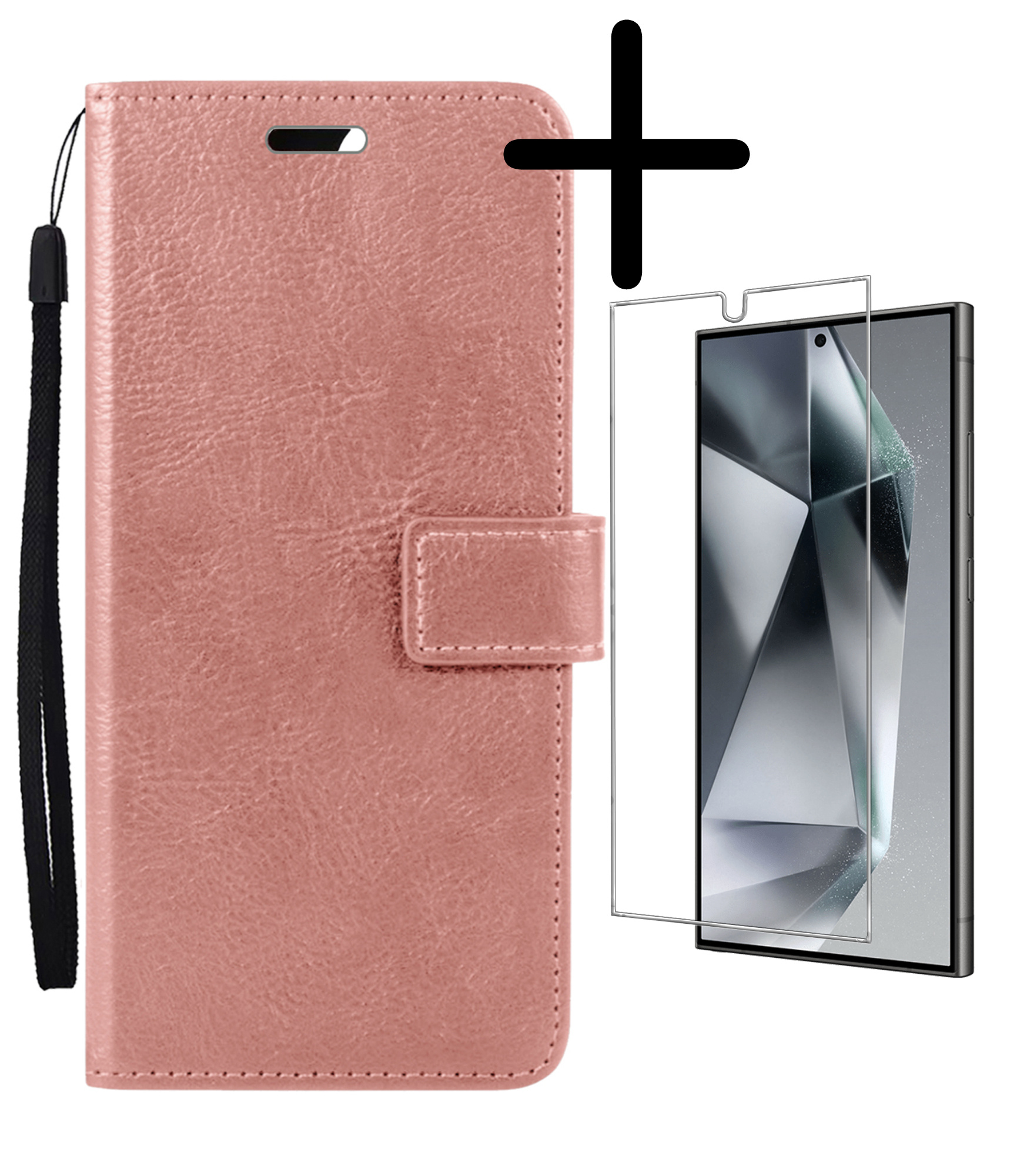 BASEY. Hoes Geschikt voor Samsung S24 Ultra Hoesje Bookcase Hoes Flip Case Book Cover Met Screenprotector - Hoesje Geschikt voor Samsung Galaxy S24 Ultra Hoes Book Case Hoesje - Rosé goud