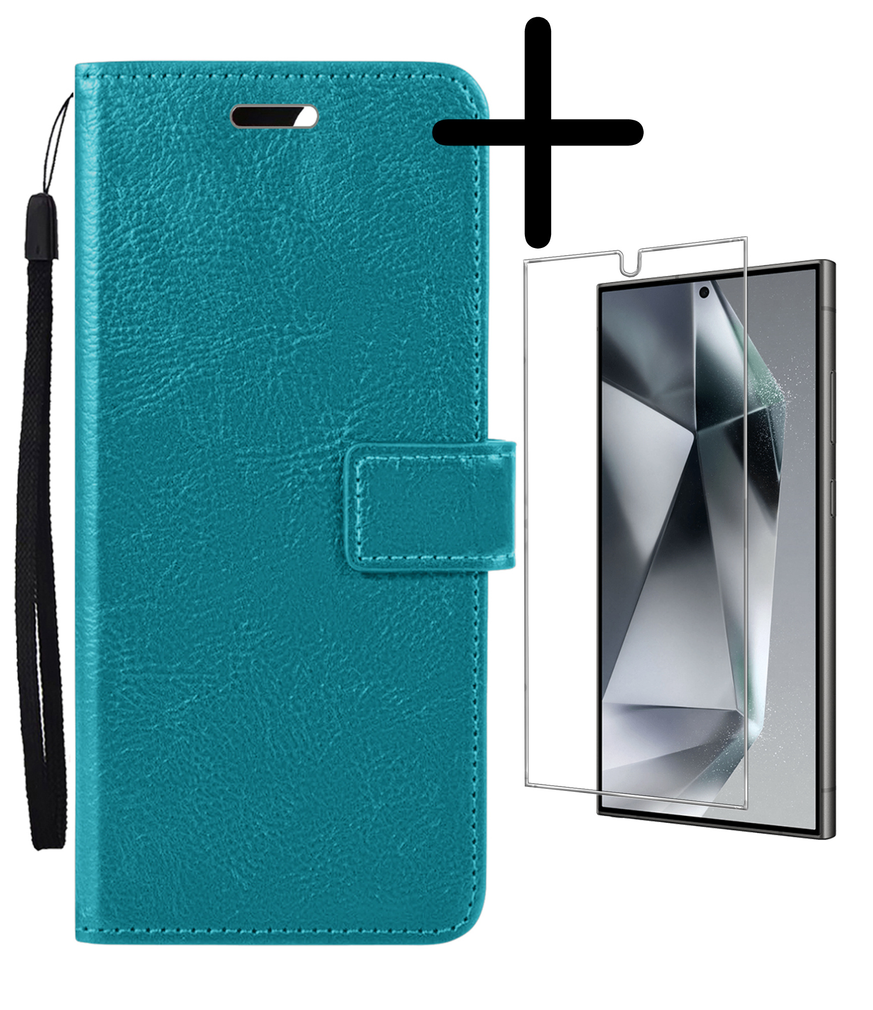 BASEY. Hoes Geschikt voor Samsung S24 Ultra Hoesje Bookcase Hoes Flip Case Book Cover Met Screenprotector - Hoesje Geschikt voor Samsung Galaxy S24 Ultra Hoes Book Case Hoesje - Turquoise