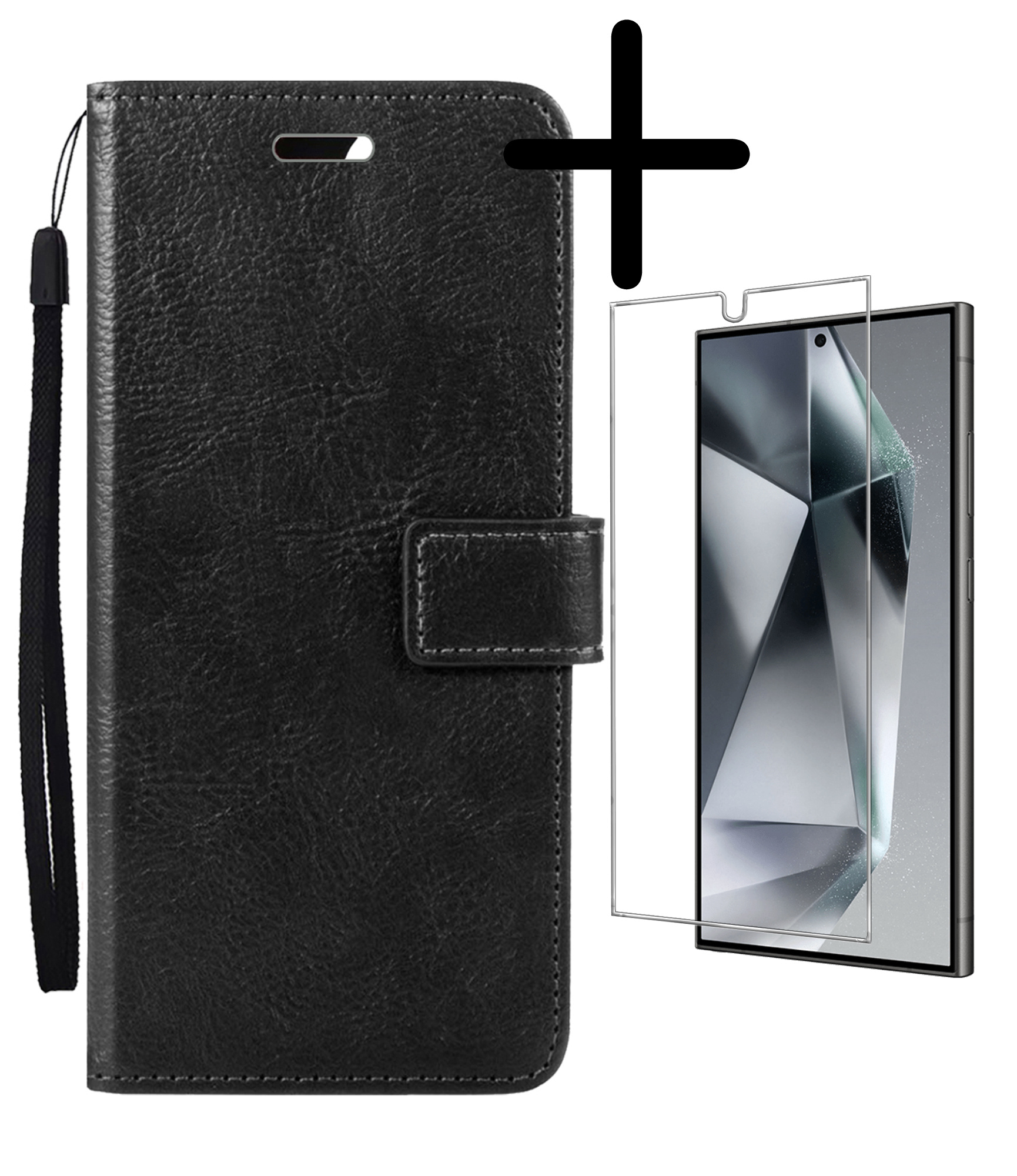 BASEY. Hoes Geschikt voor Samsung S24 Ultra Hoesje Bookcase Hoes Flip Case Book Cover Met Screenprotector - Hoesje Geschikt voor Samsung Galaxy S24 Ultra Hoes Book Case Hoesje - Zwart