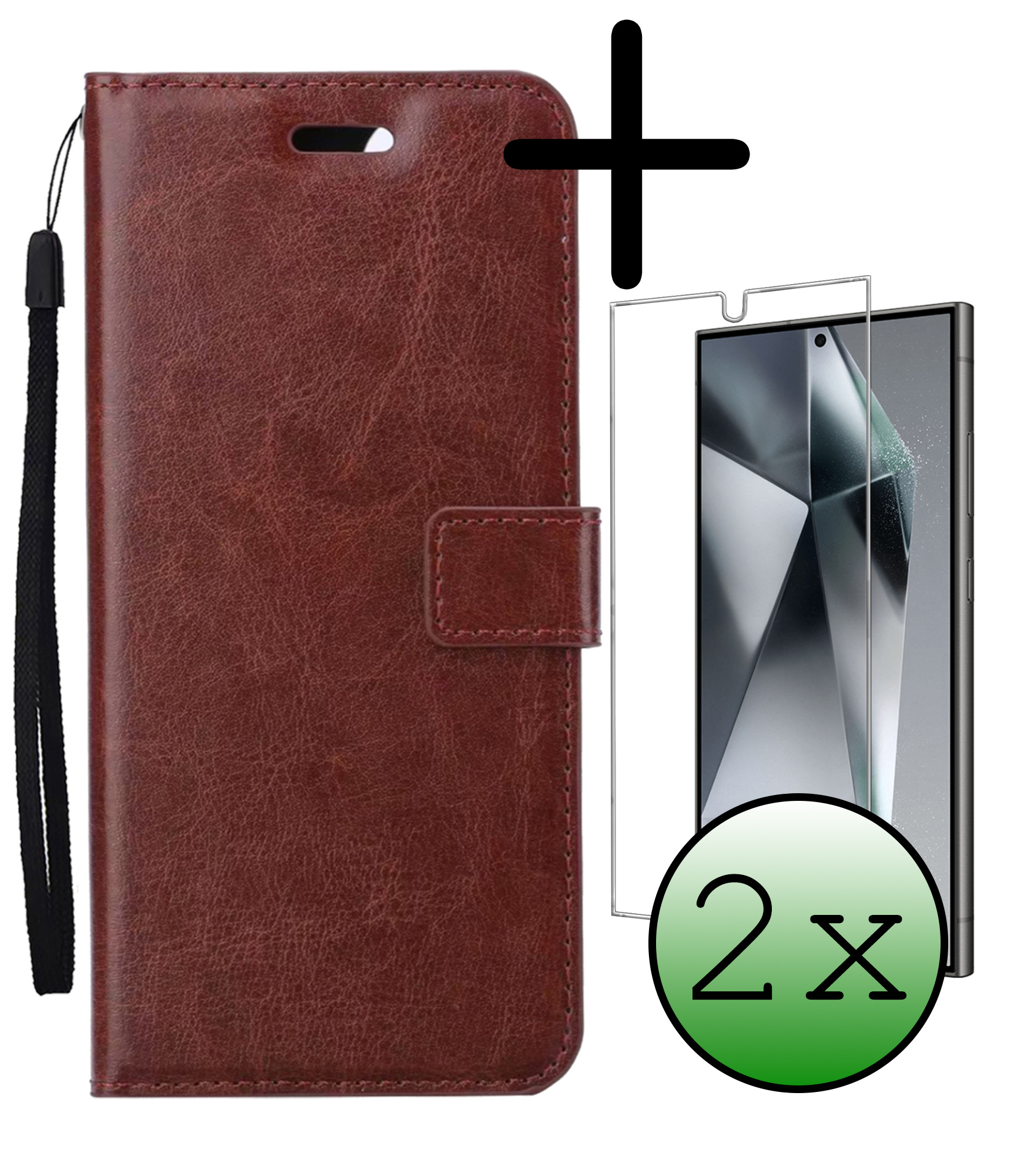 BASEY. Hoes Geschikt voor Samsung S24 Ultra Hoesje Bookcase Hoes Flip Case Book Cover Met 2x Screenprotector - Hoesje Geschikt voor Samsung Galaxy S24 Ultra Hoes Book Case Hoesje - Bruin