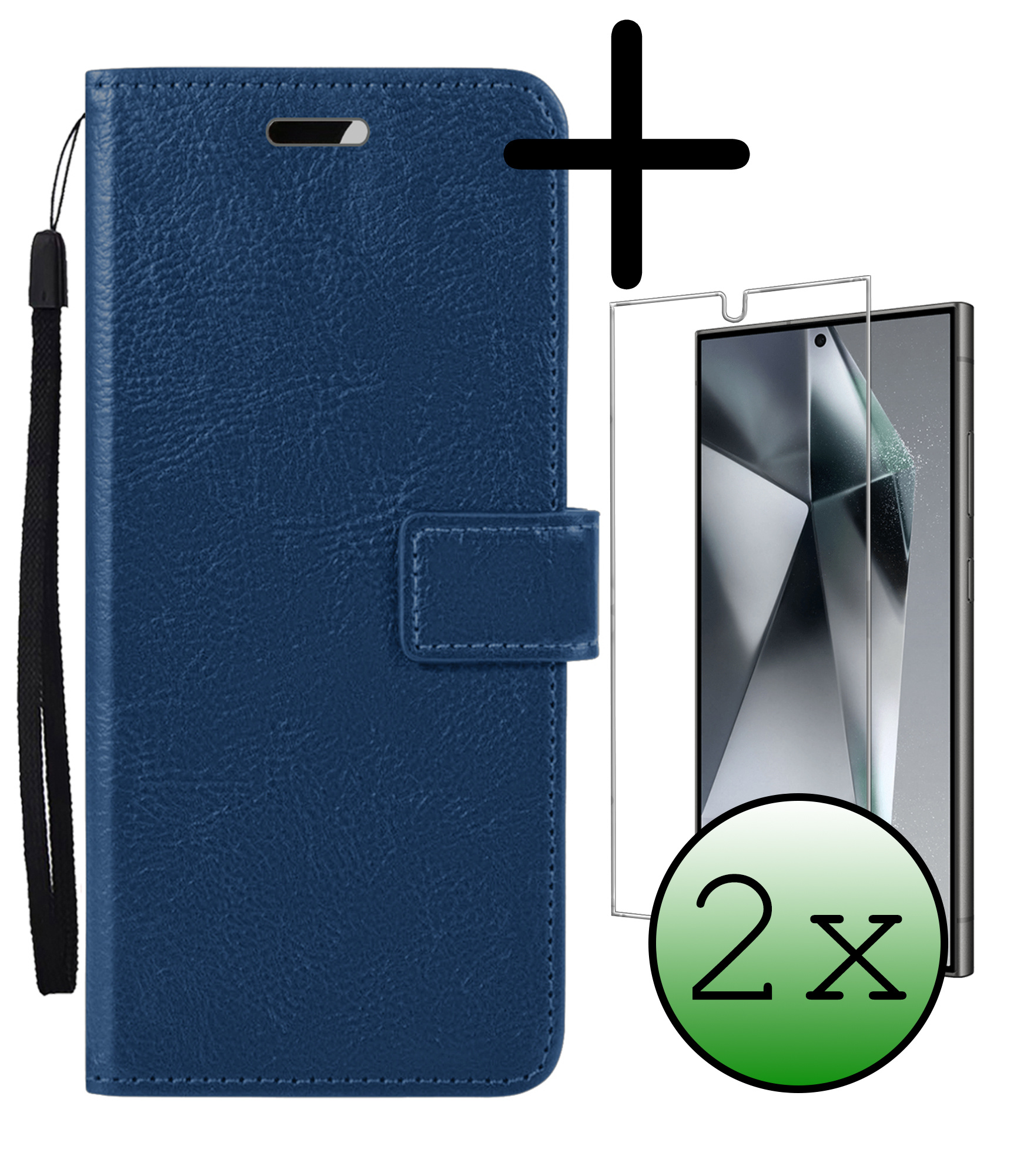 BASEY. Hoes Geschikt voor Samsung S24 Ultra Hoesje Bookcase Hoes Flip Case Book Cover Met 2x Screenprotector - Hoesje Geschikt voor Samsung Galaxy S24 Ultra Hoes Book Case Hoesje - Donkerblauw