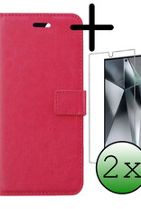 BASEY. Hoes Geschikt voor Samsung S24 Ultra Hoesje Bookcase Hoes Flip Case Book Cover Met 2x Screenprotector - Hoesje Geschikt voor Samsung Galaxy S24 Ultra Hoes Book Case Hoesje - Donkerroze