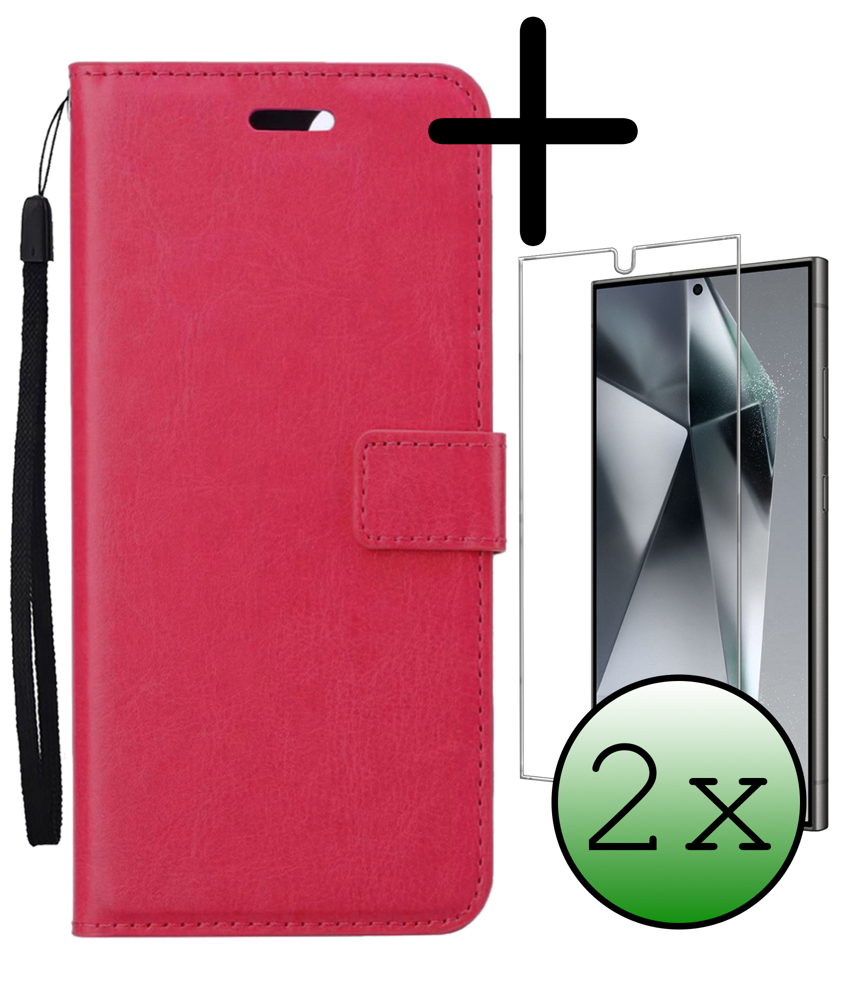 BASEY. Hoes Geschikt voor Samsung S24 Ultra Hoesje Bookcase Hoes Flip Case Book Cover Met 2x Screenprotector - Hoesje Geschikt voor Samsung Galaxy S24 Ultra Hoes Book Case Hoesje - Donkerroze